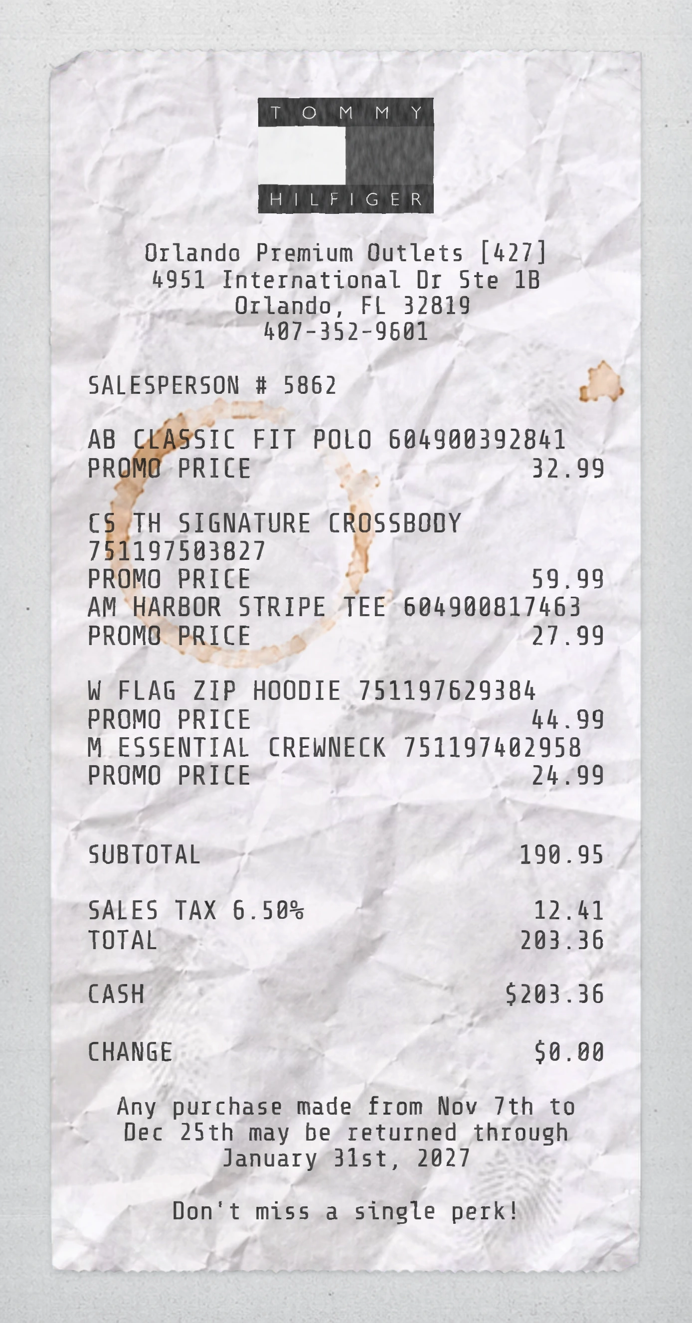 Tommy Hilfiger sample receipt preview