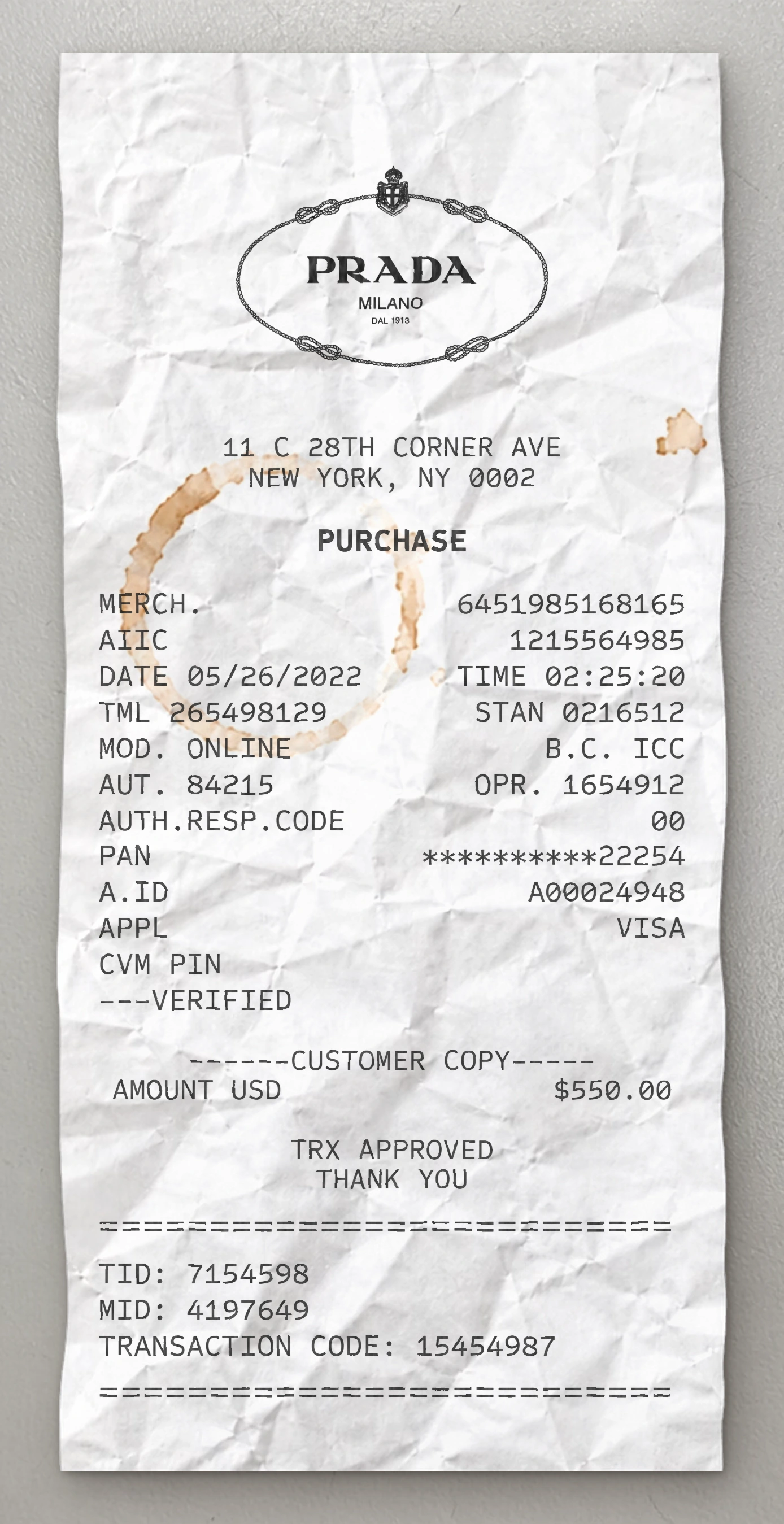 Prada sample receipt preview