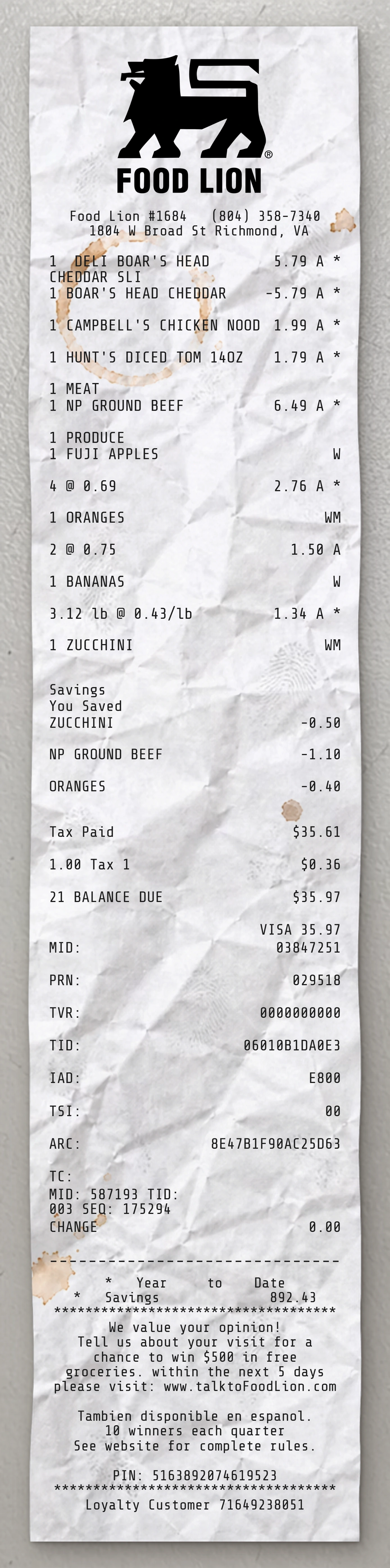 Food Lion sample receipt preview