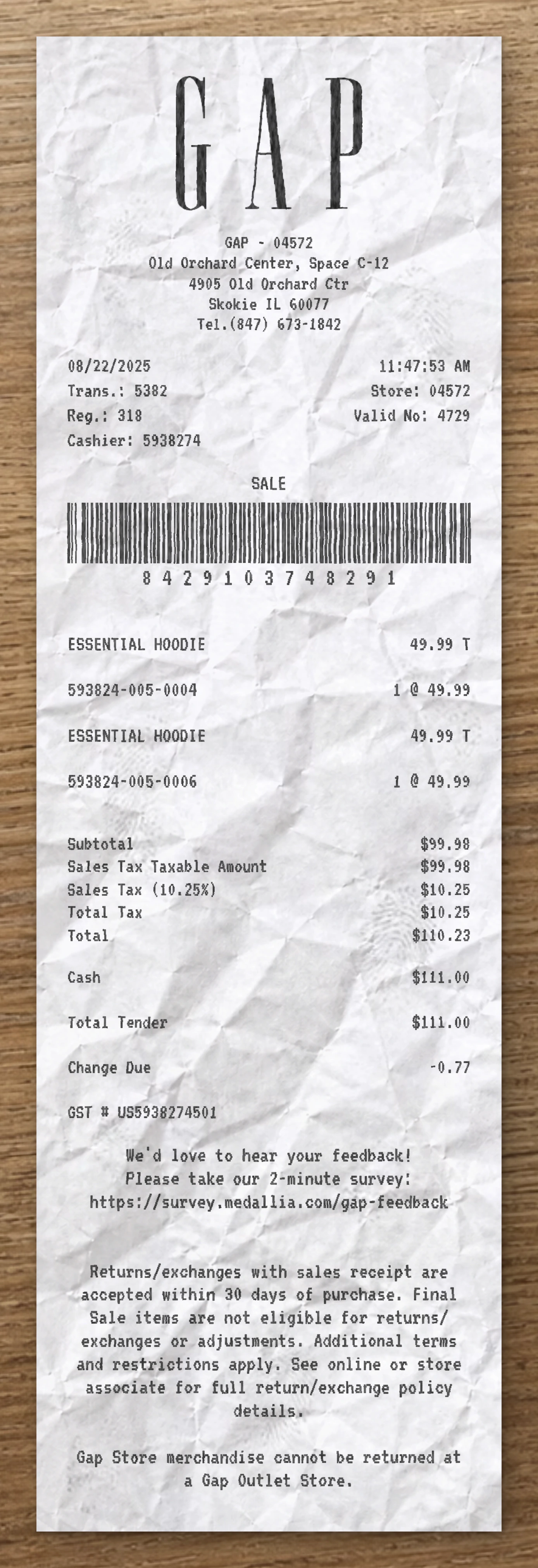 GAP sample receipt preview