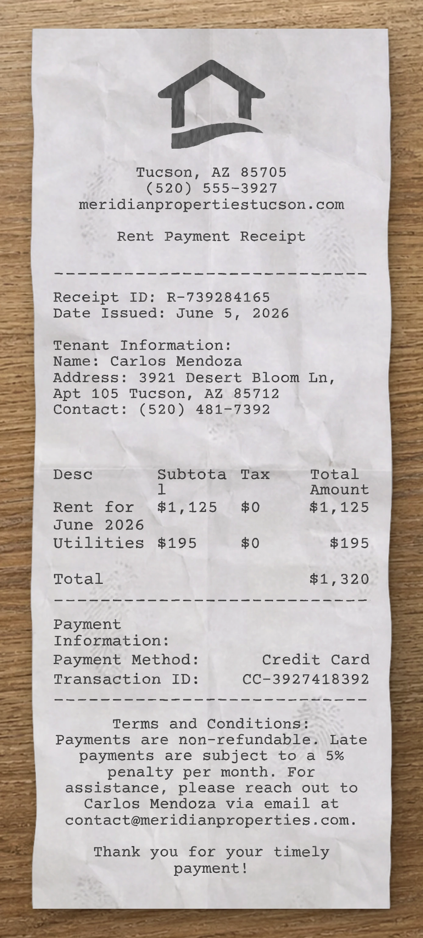 Rent Payment receipt preview