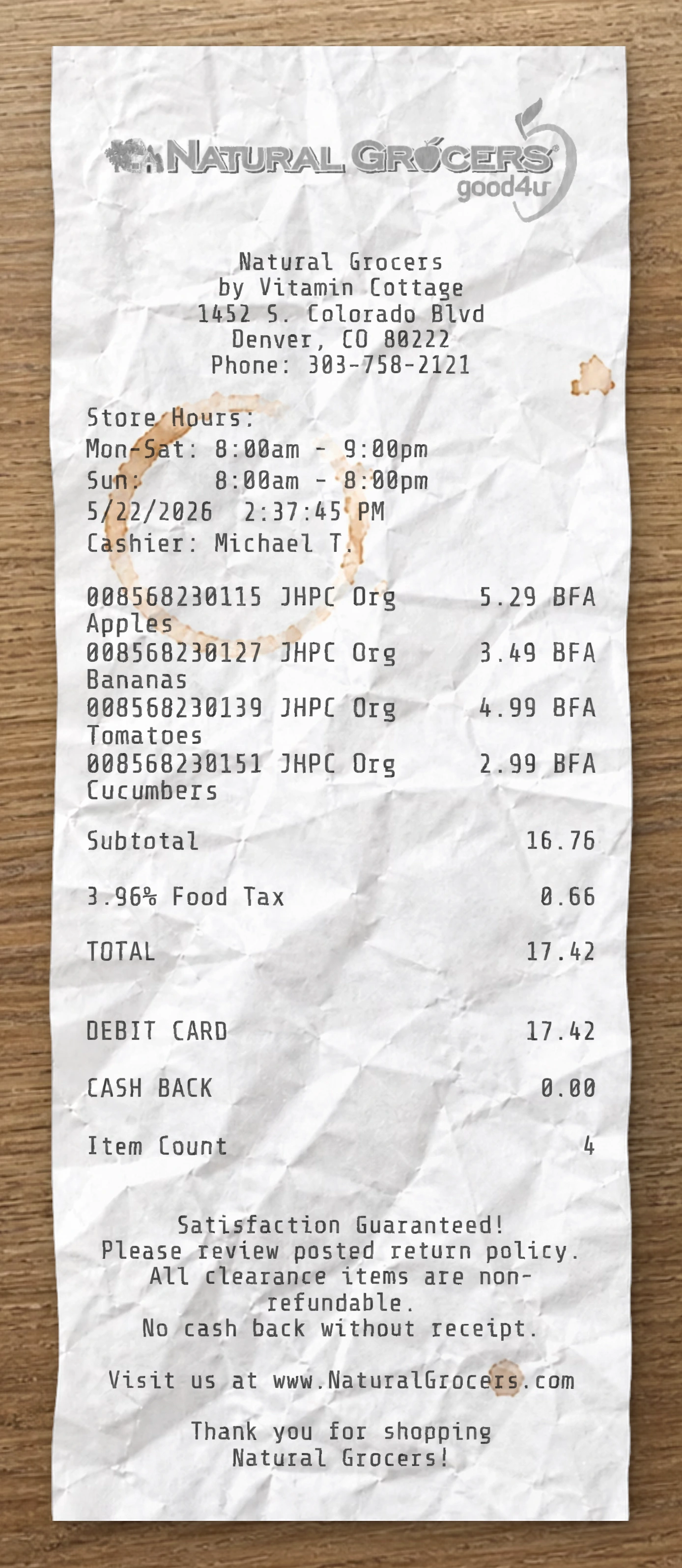 Natural Grocers sample receipt preview