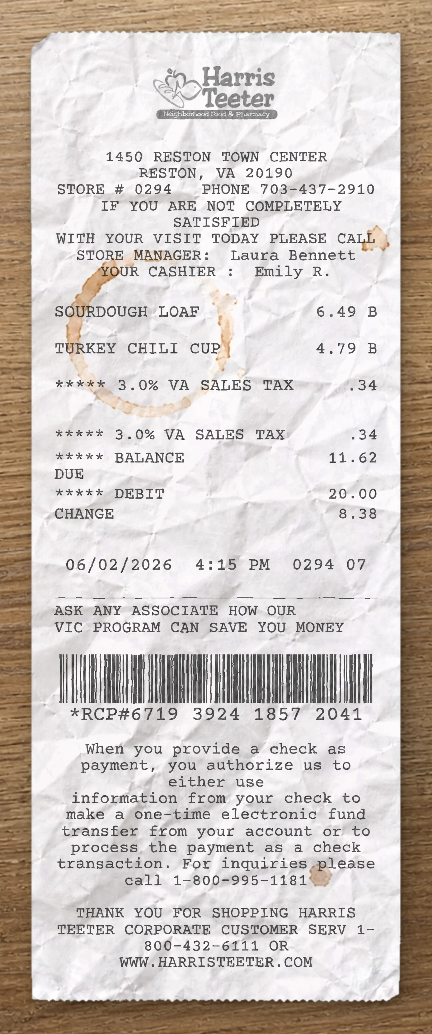 Harris Teeter sample receipt preview
