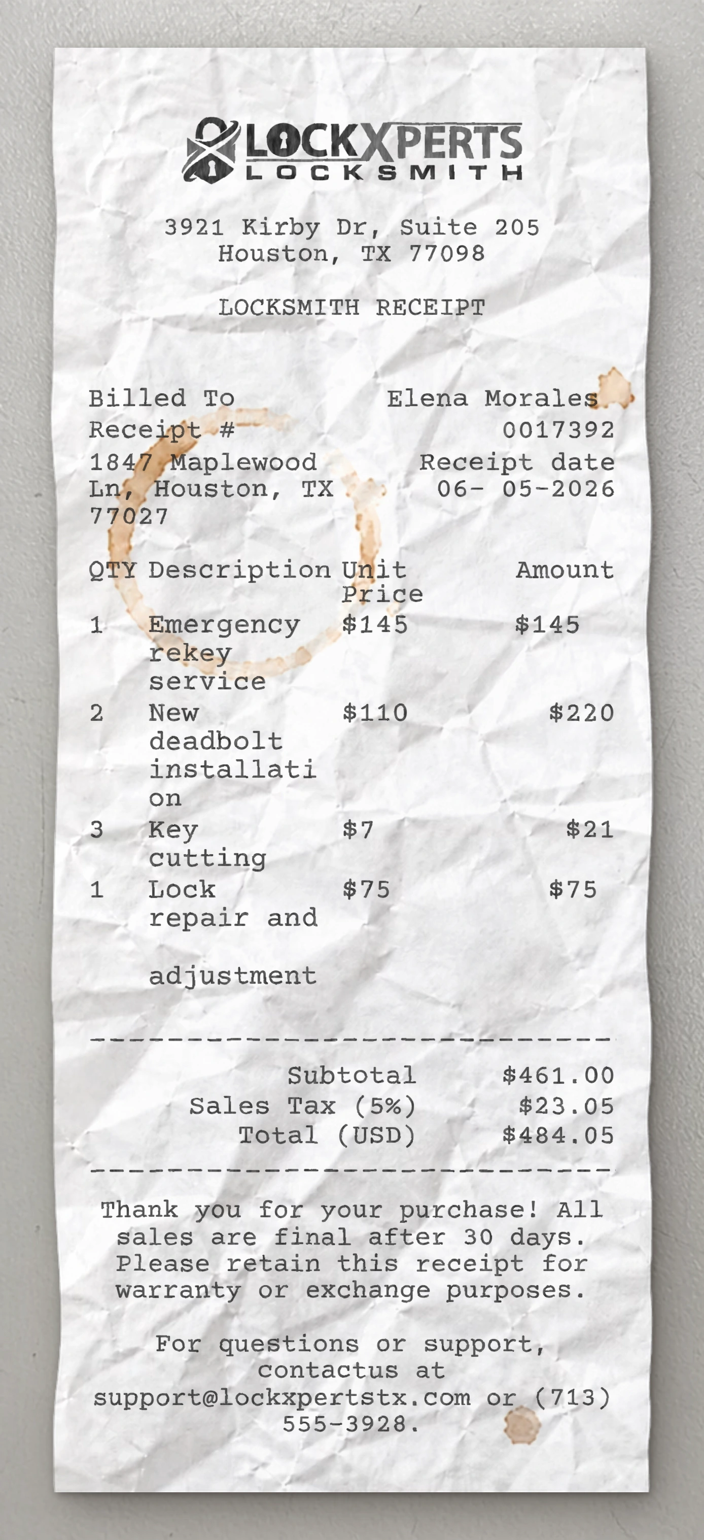 Locksmith receipt preview