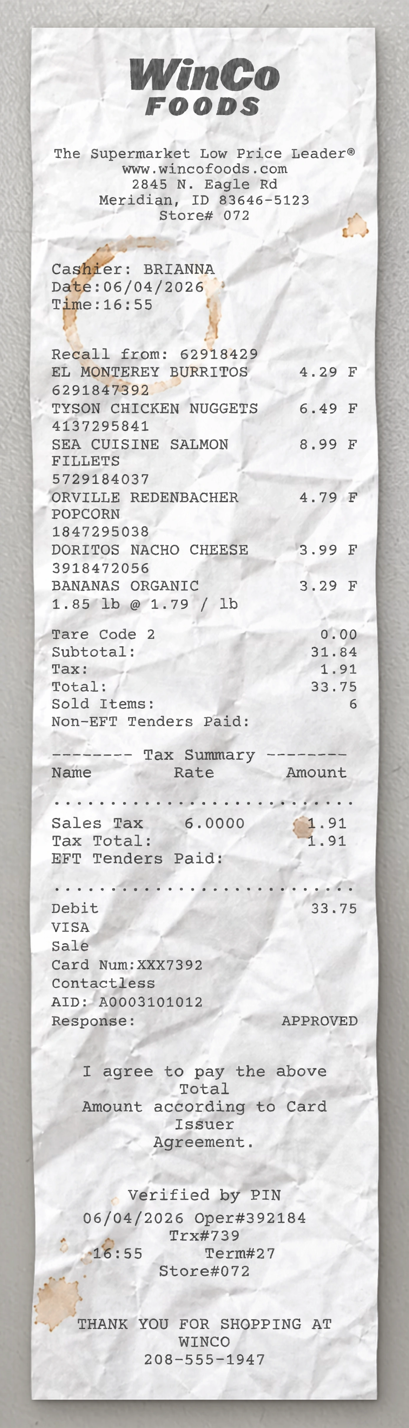 WinCo Foods Grocery receipt template preview