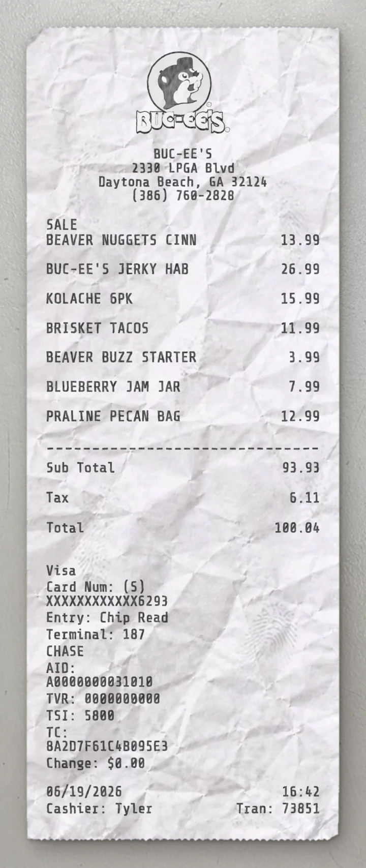 Buc ee's sample receipt preview