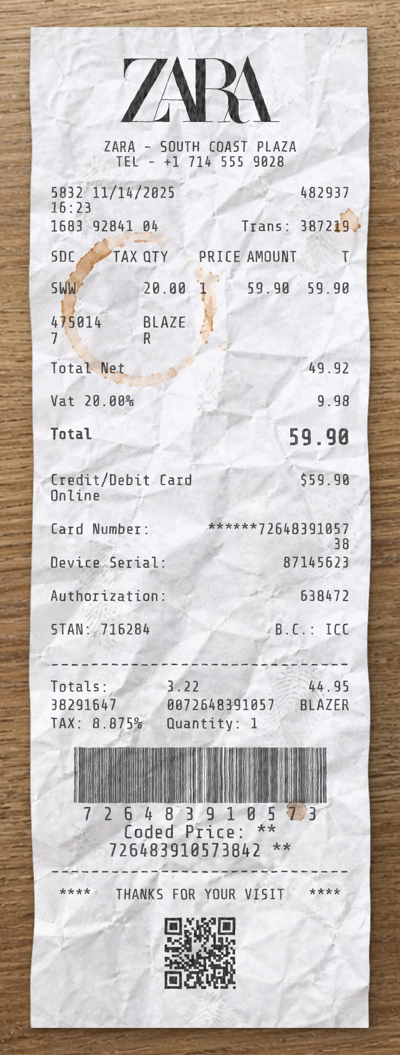 ZARA sample receipt preview