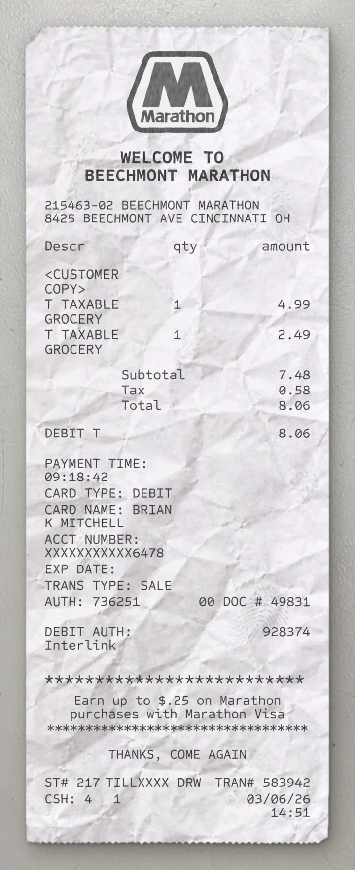 Marathon Gas Station sample receipt preview