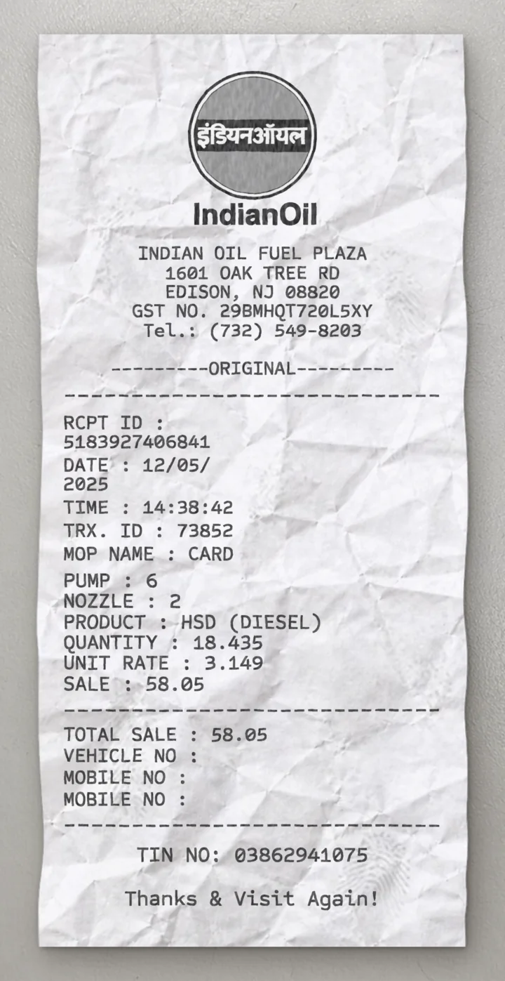 Indian Petrol Pump sample receipt preview