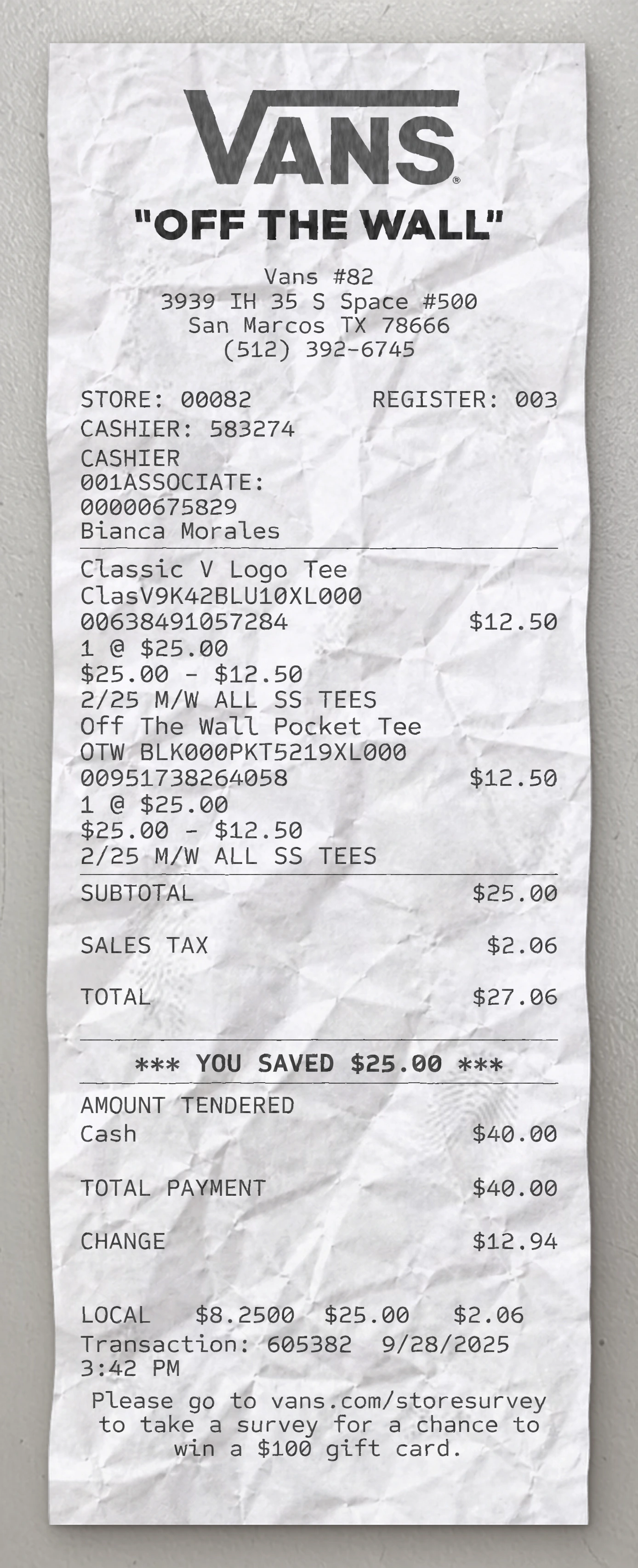 Vans sample receipt preview