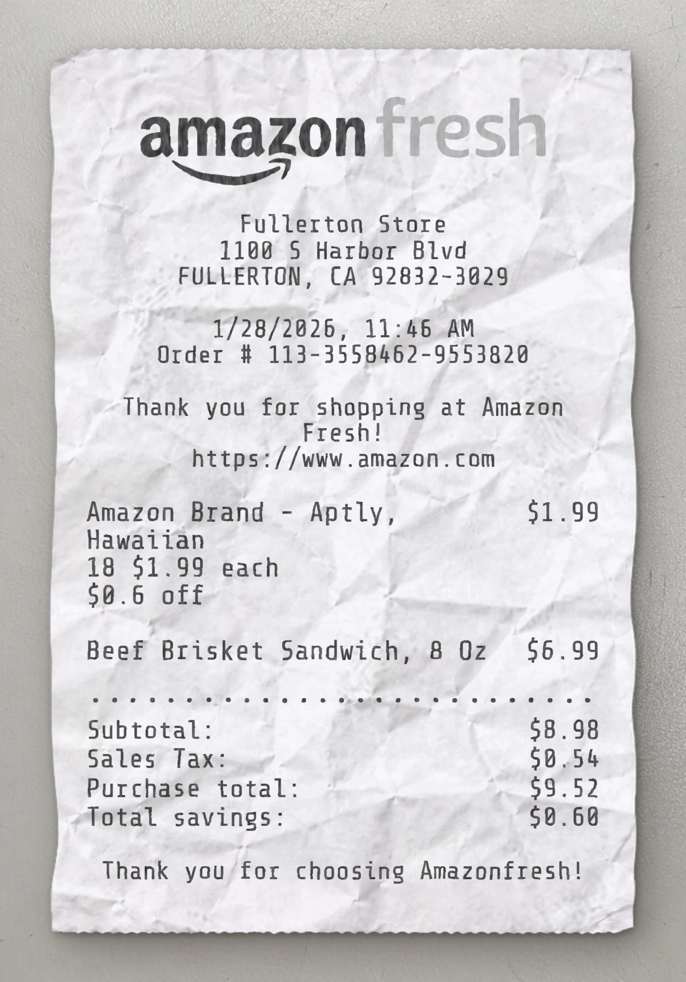 Amazon Fresh receipt preview