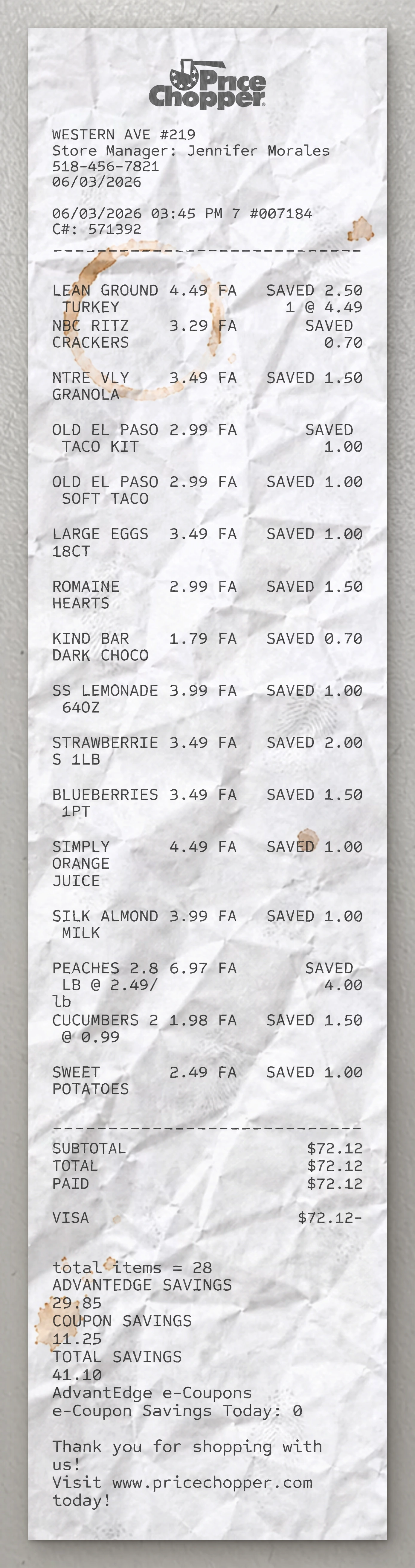 Price Chopper sample receipt preview