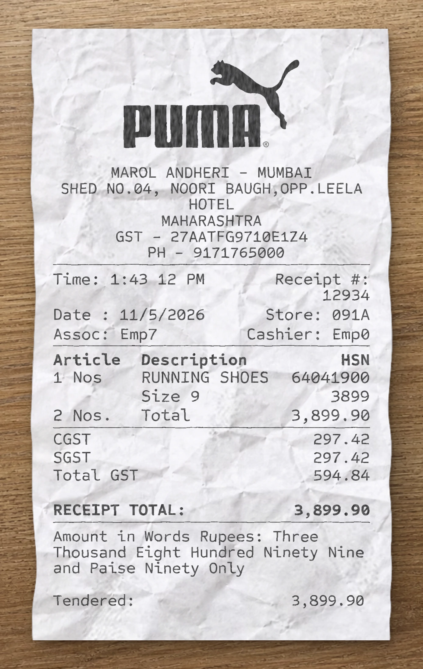 Puma receipt preview