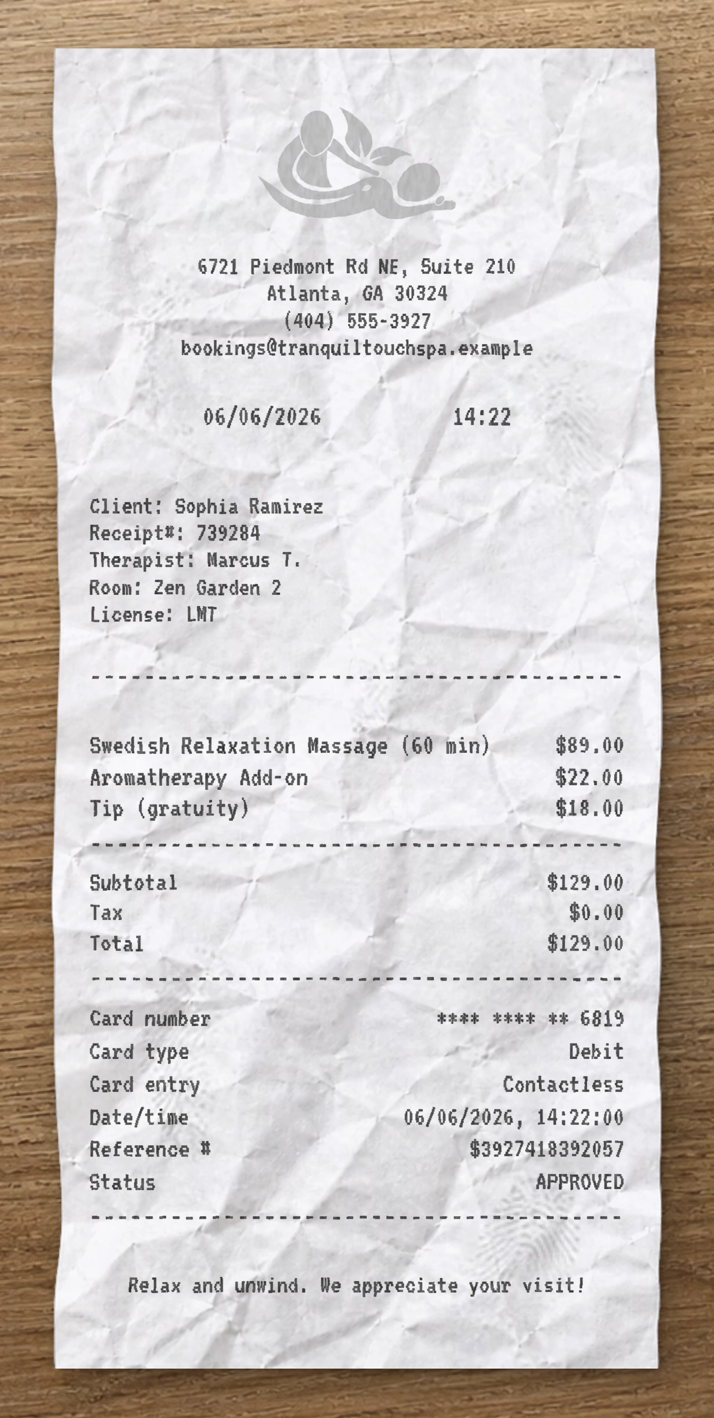Massage receipt preview
