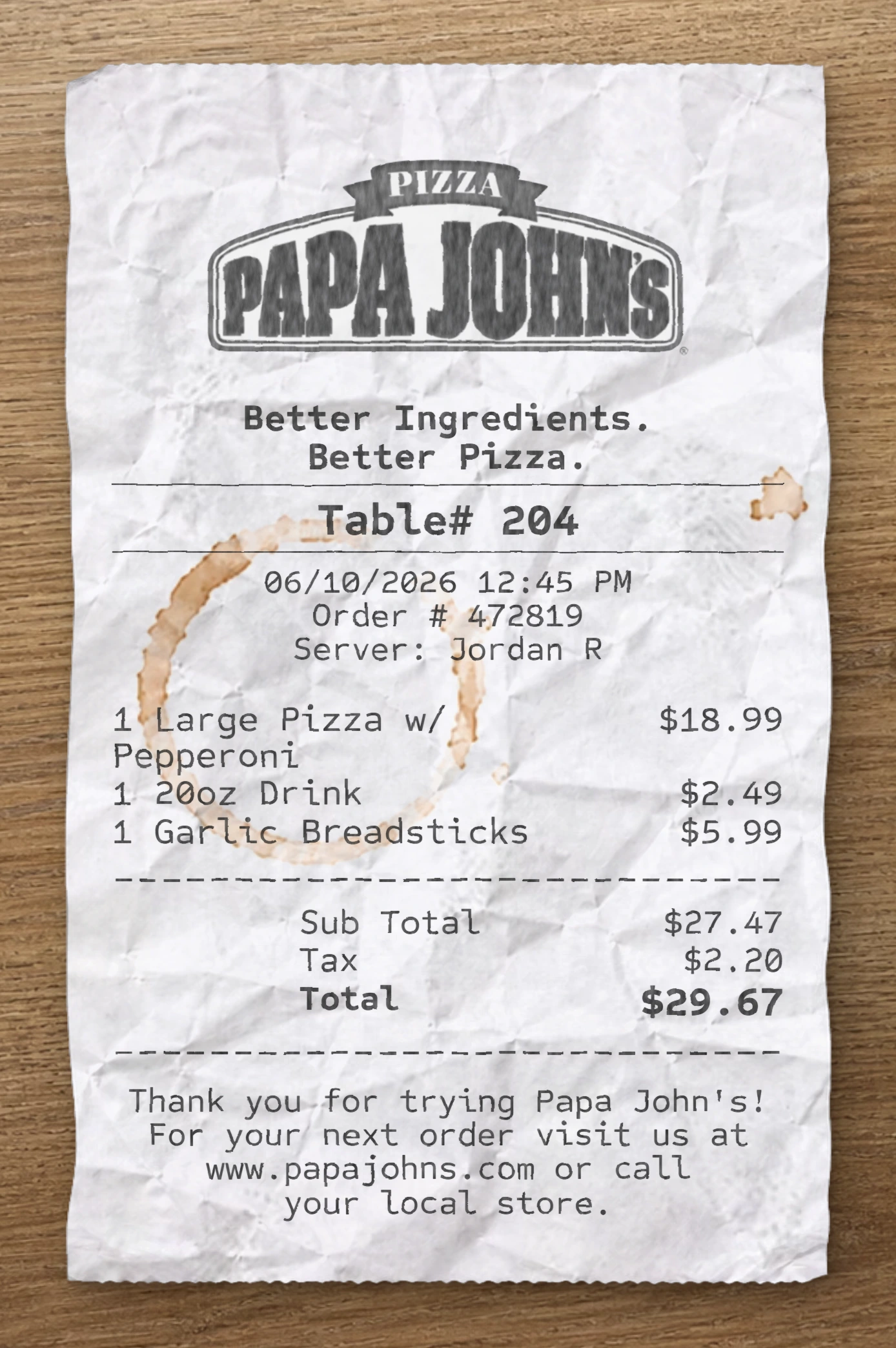 Vista previa del recibo Papa John's