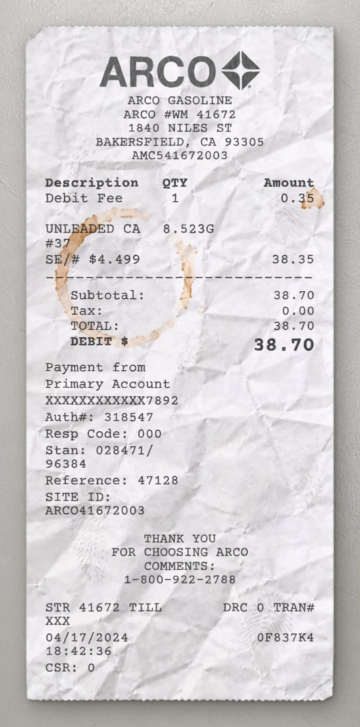 ARCO sample receipt preview