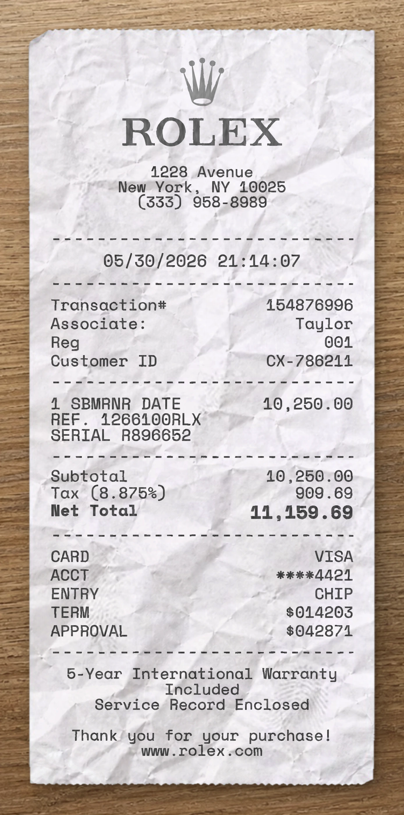 Rolex sample receipt preview