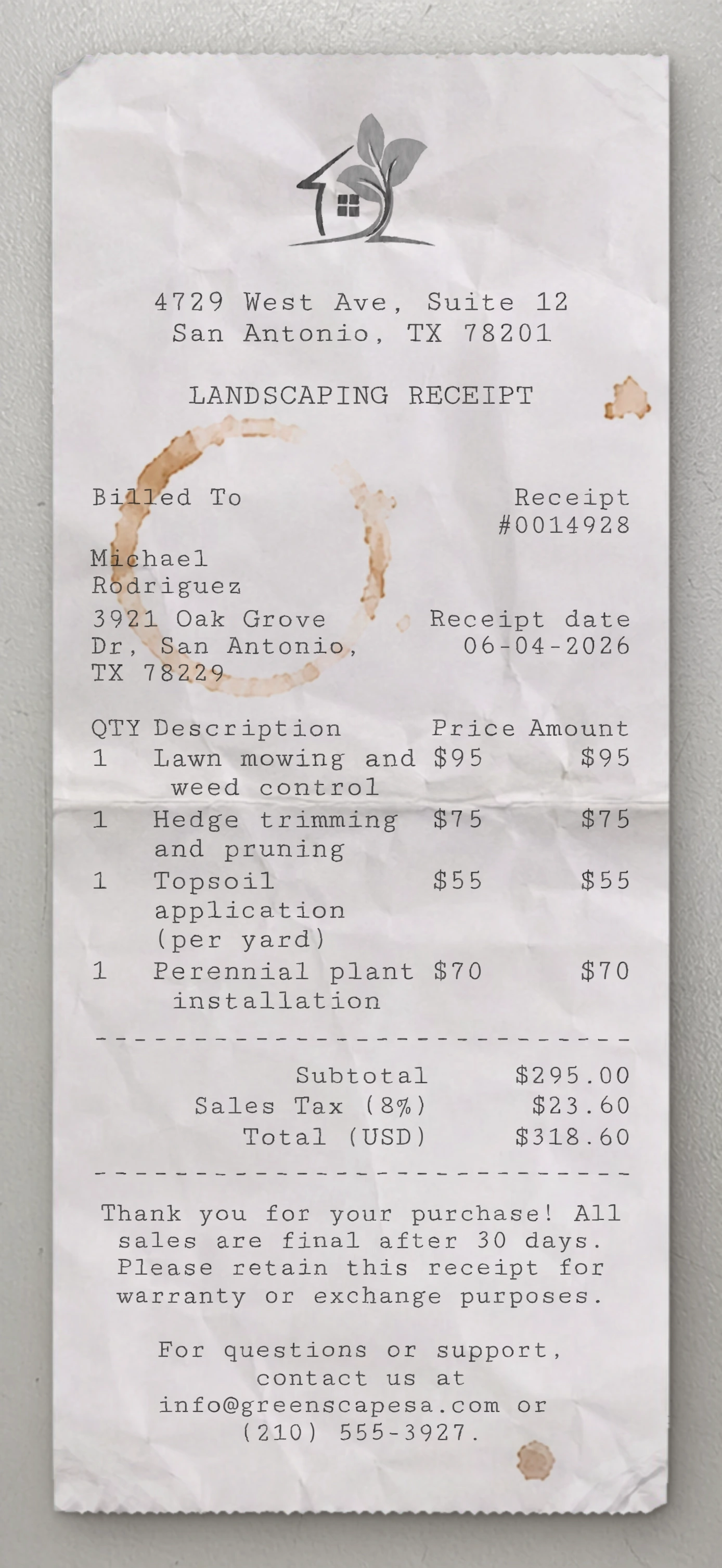 Landscaping receipt preview