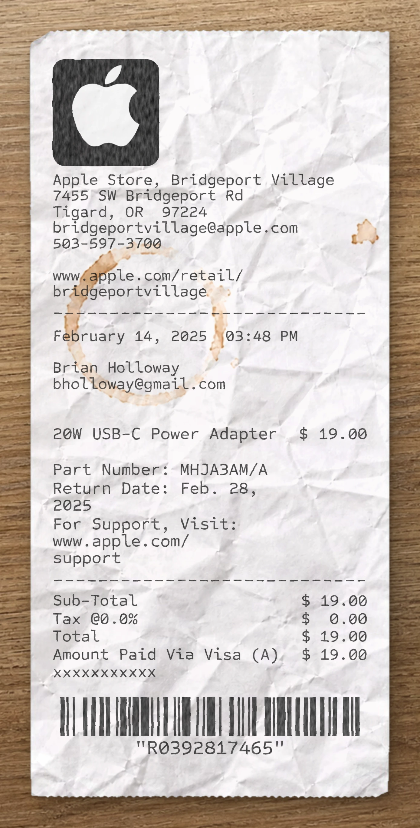 Apple Store sample receipt preview