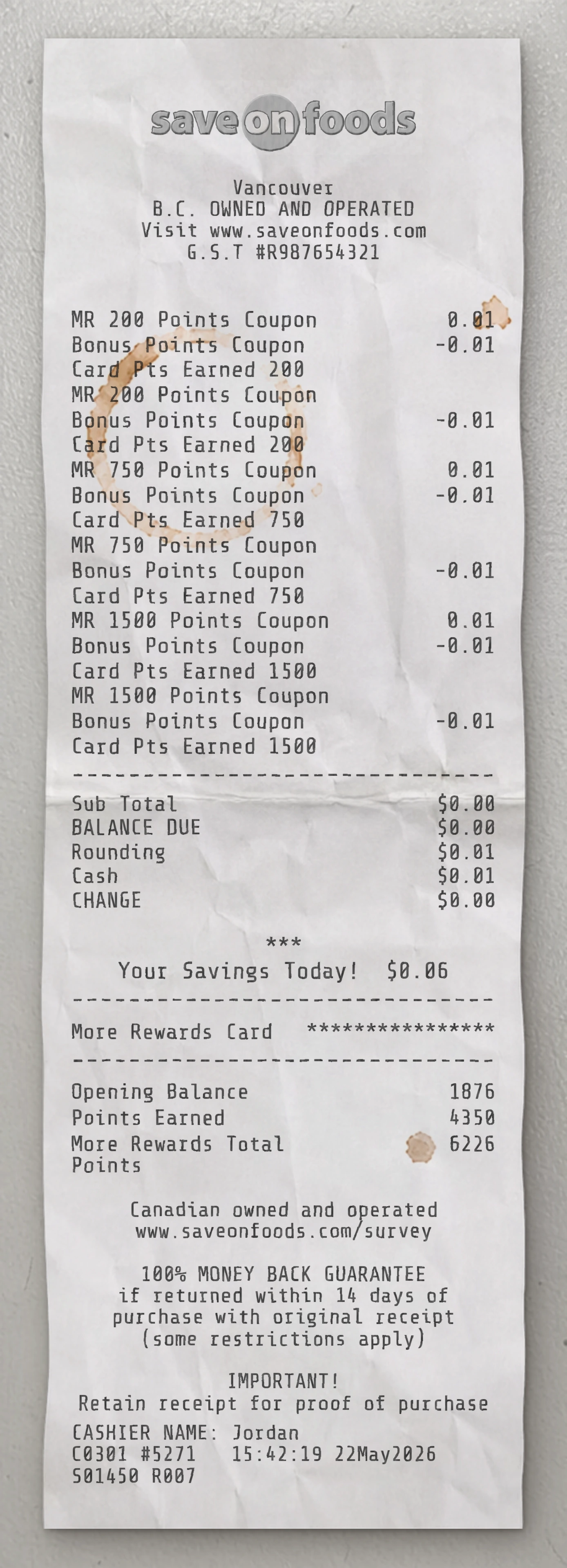 Save On Foods sample receipt preview