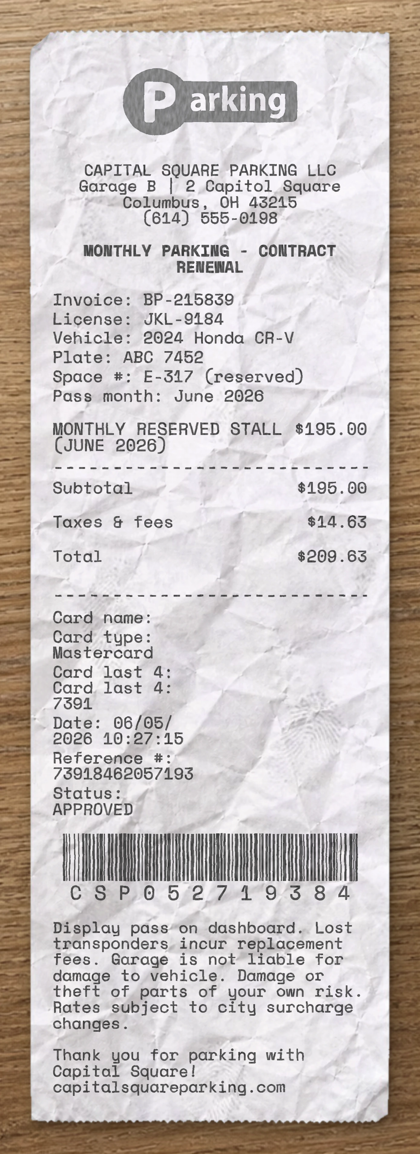 Monthly Parking receipt preview