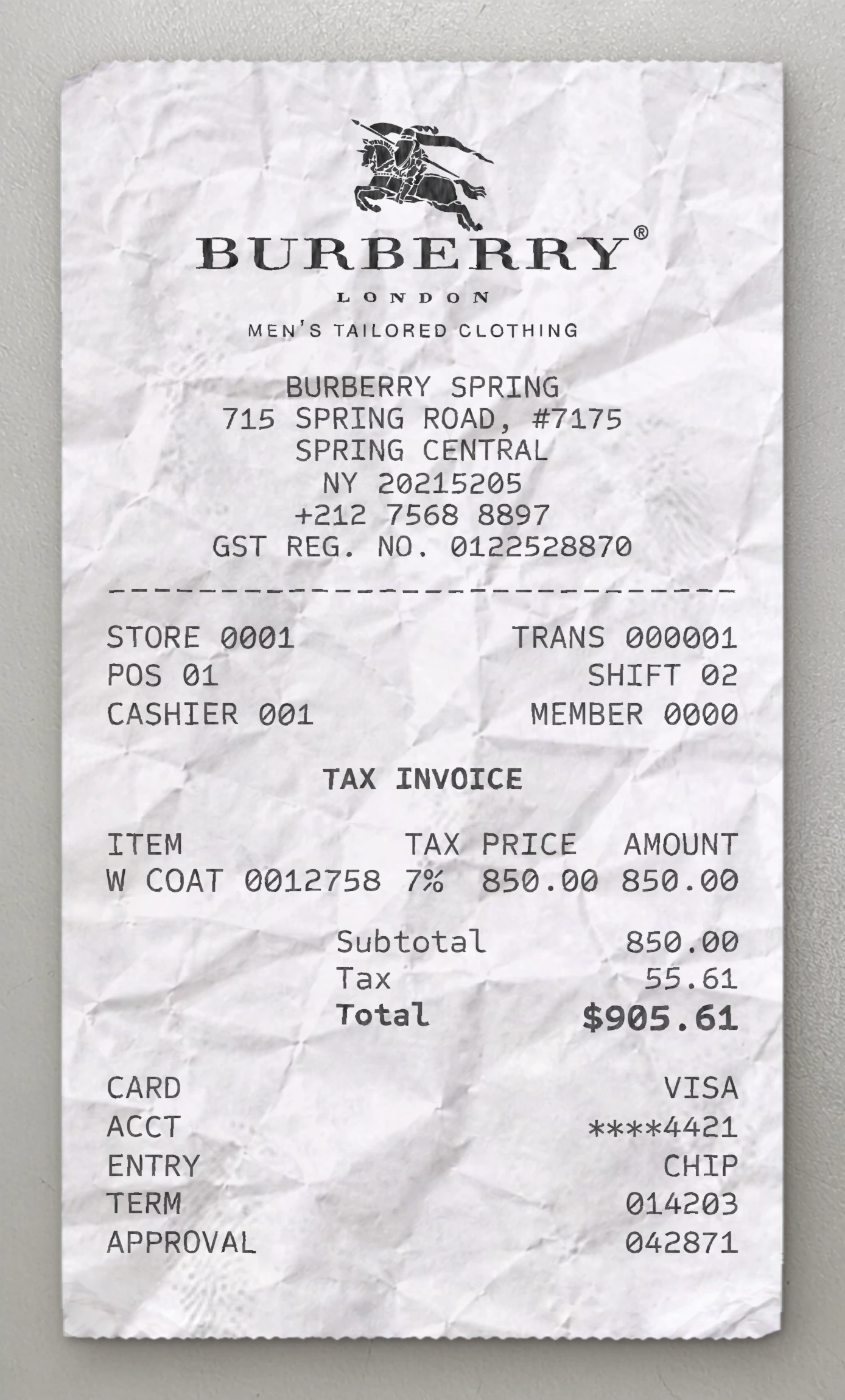 Burberry sample receipt preview