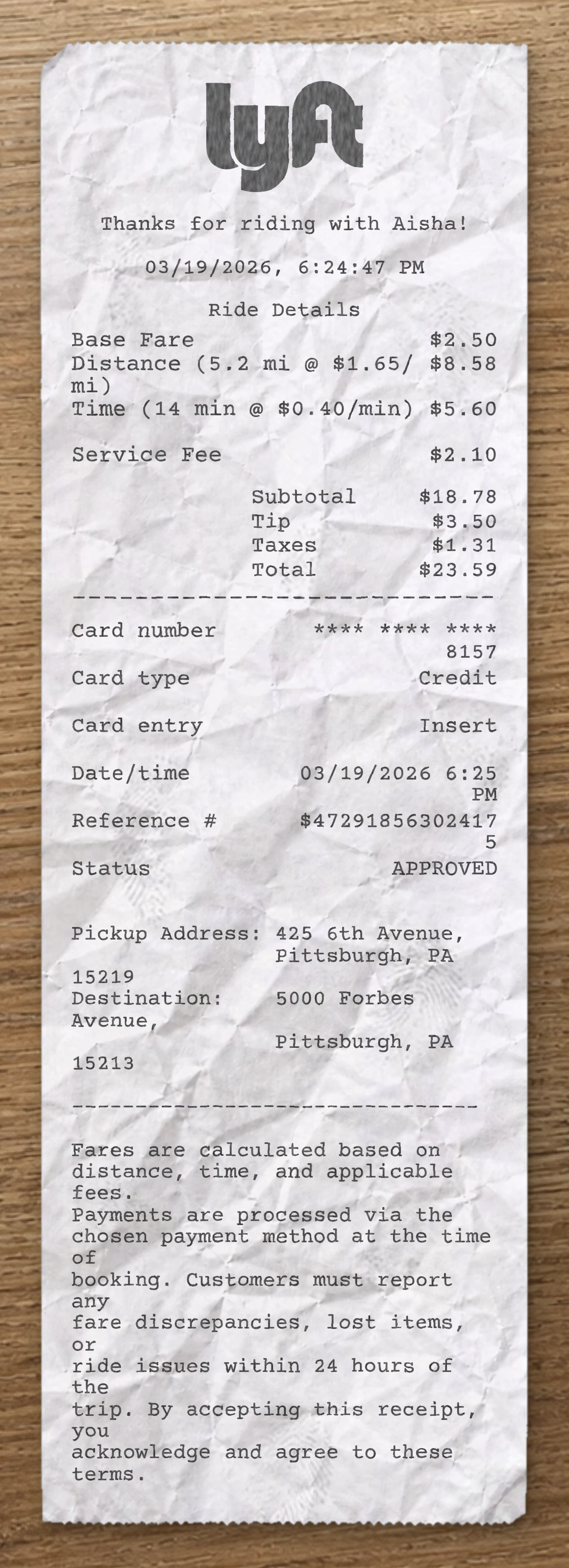 Lyft sample receipt preview