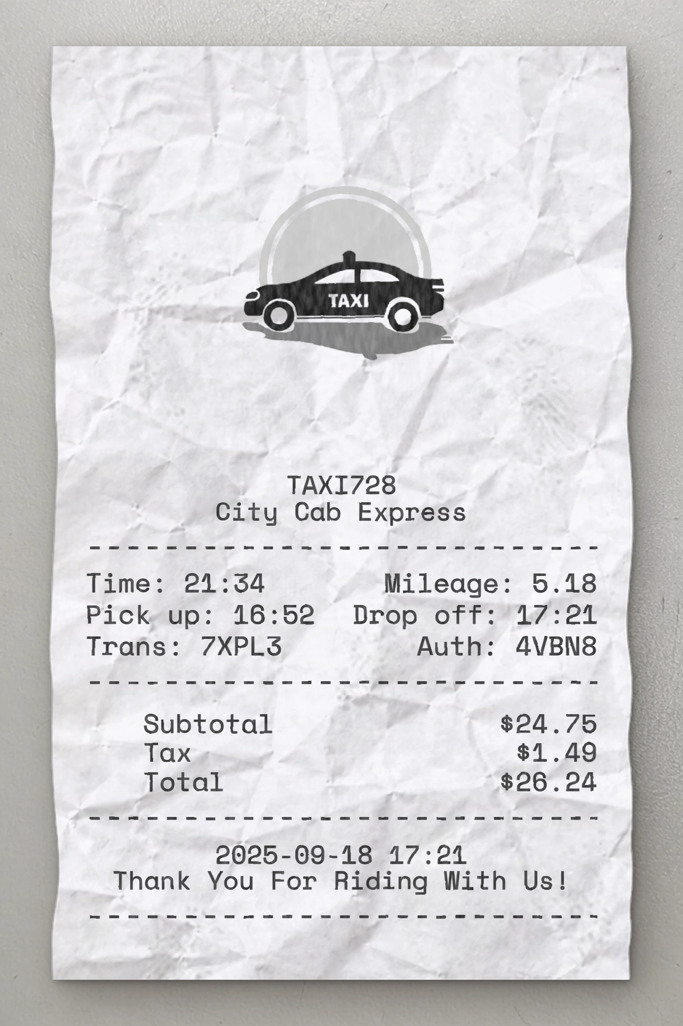 Taxi Ride sample receipt preview