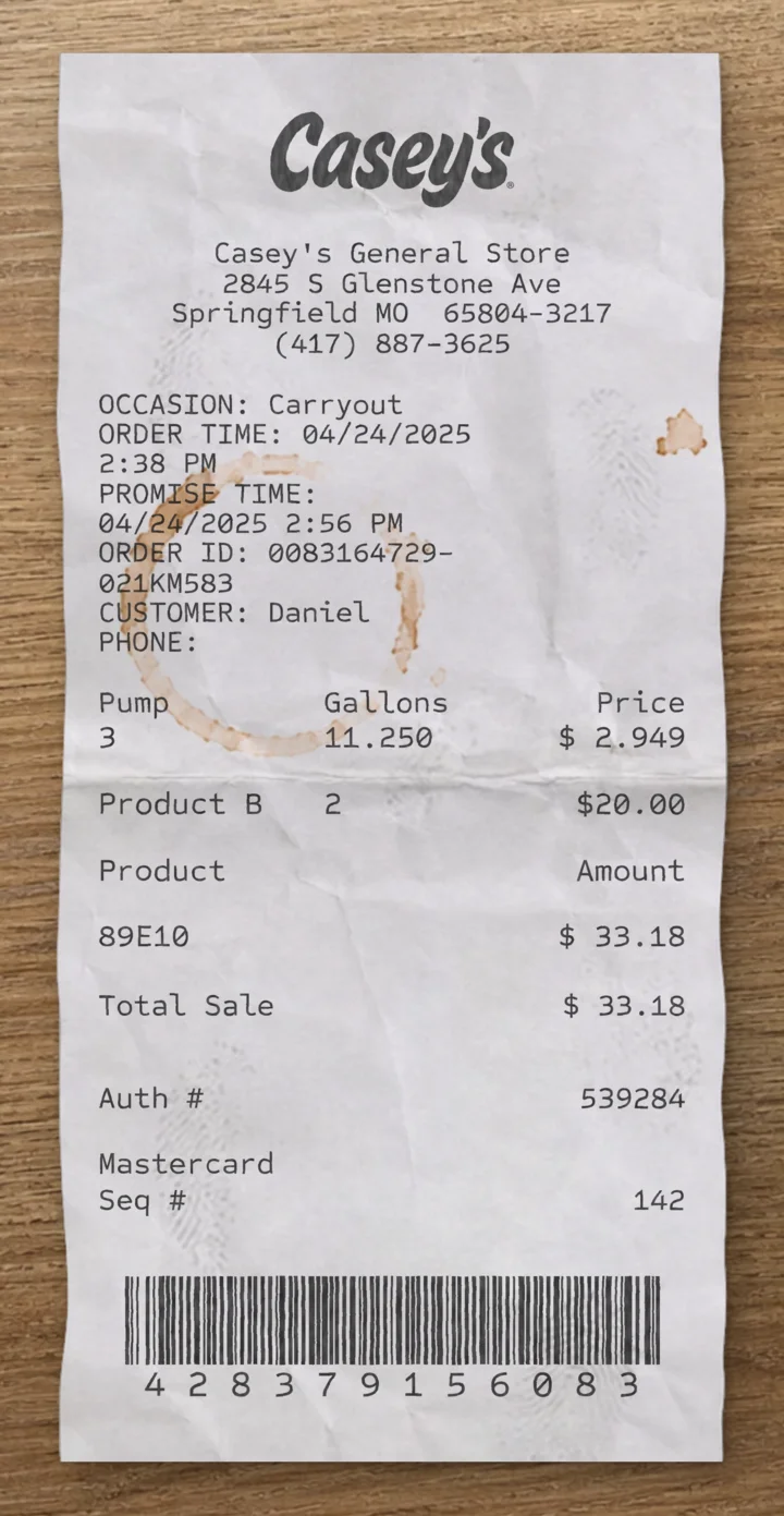 Casey's sample receipt preview
