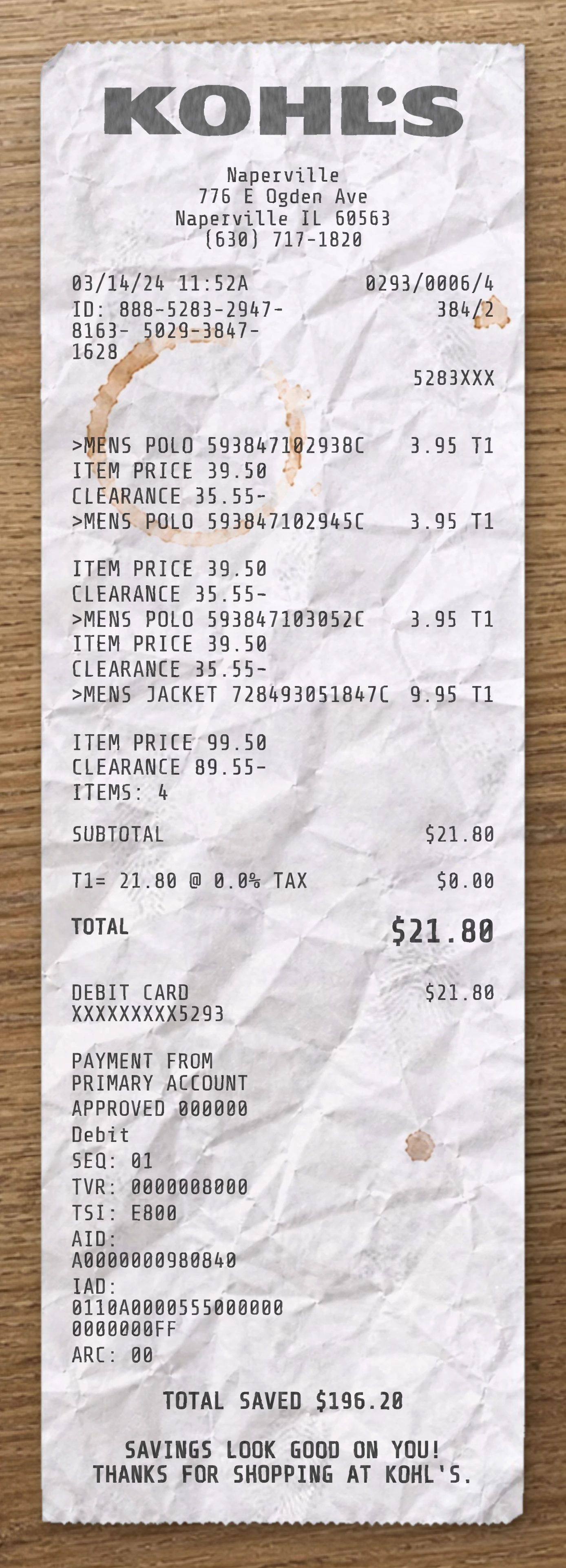 Kohl's sample receipt preview