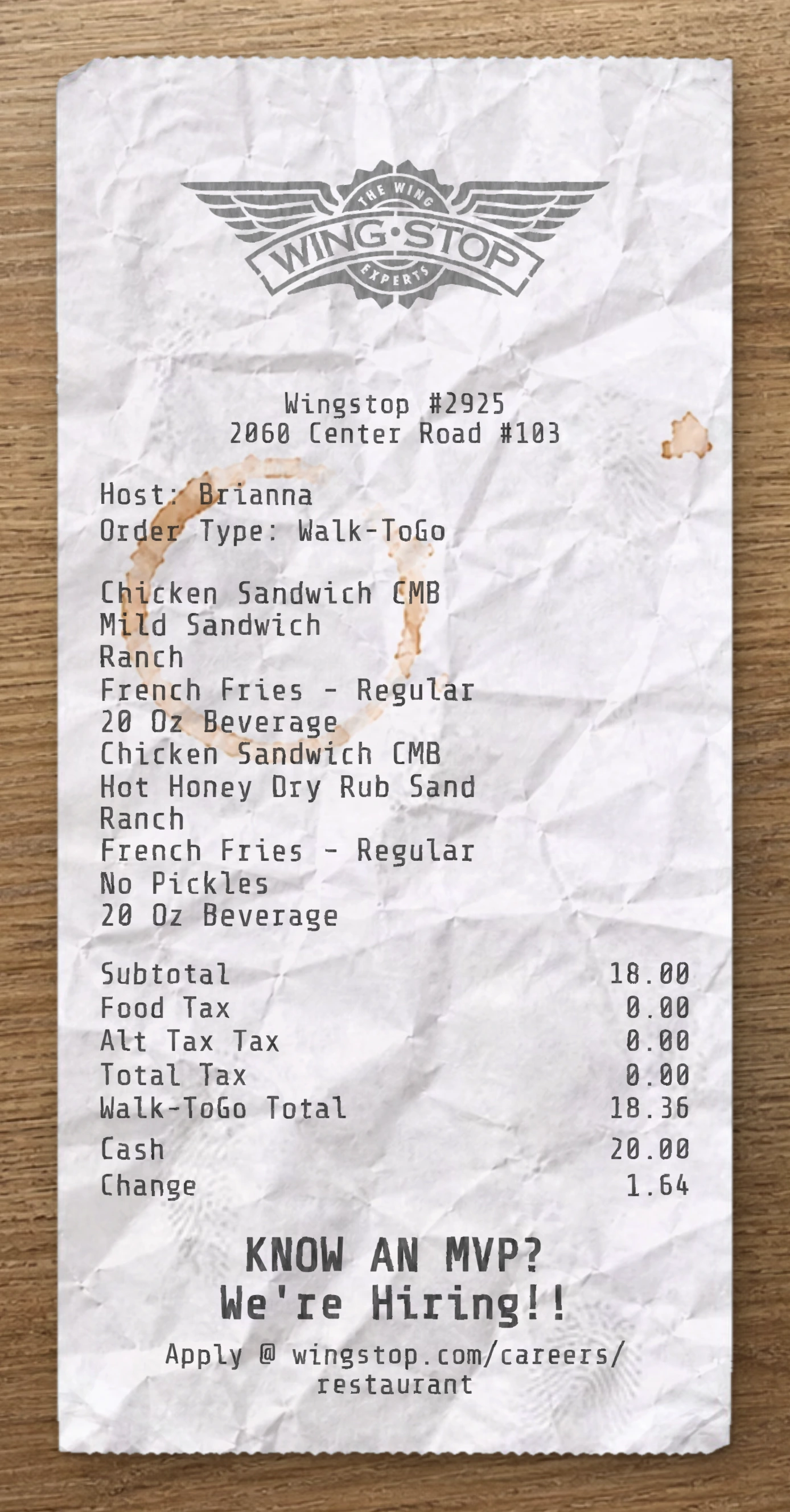 Vista previa del recibo Wingstop