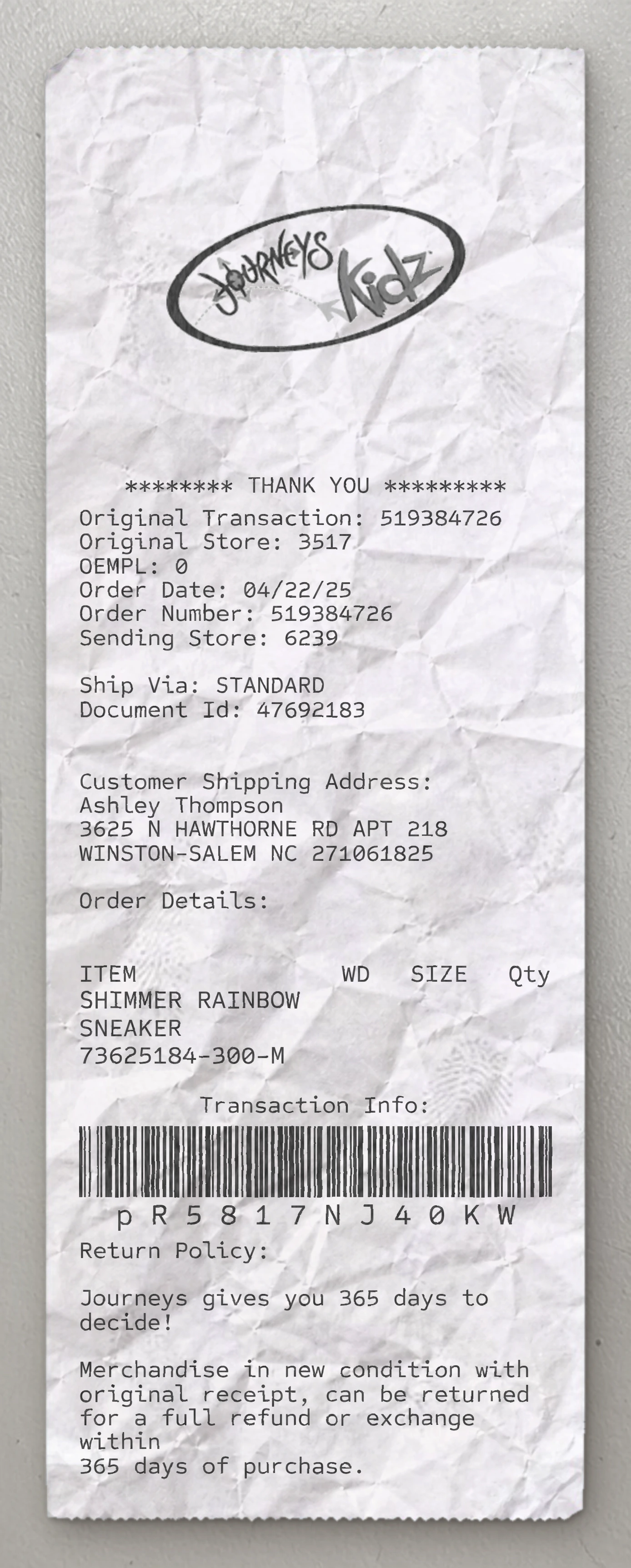 Journeys Kidz sample receipt preview