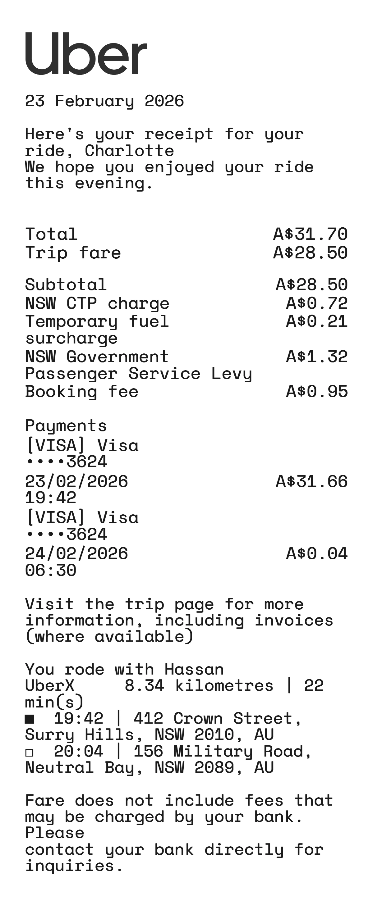 Uber sample receipt preview