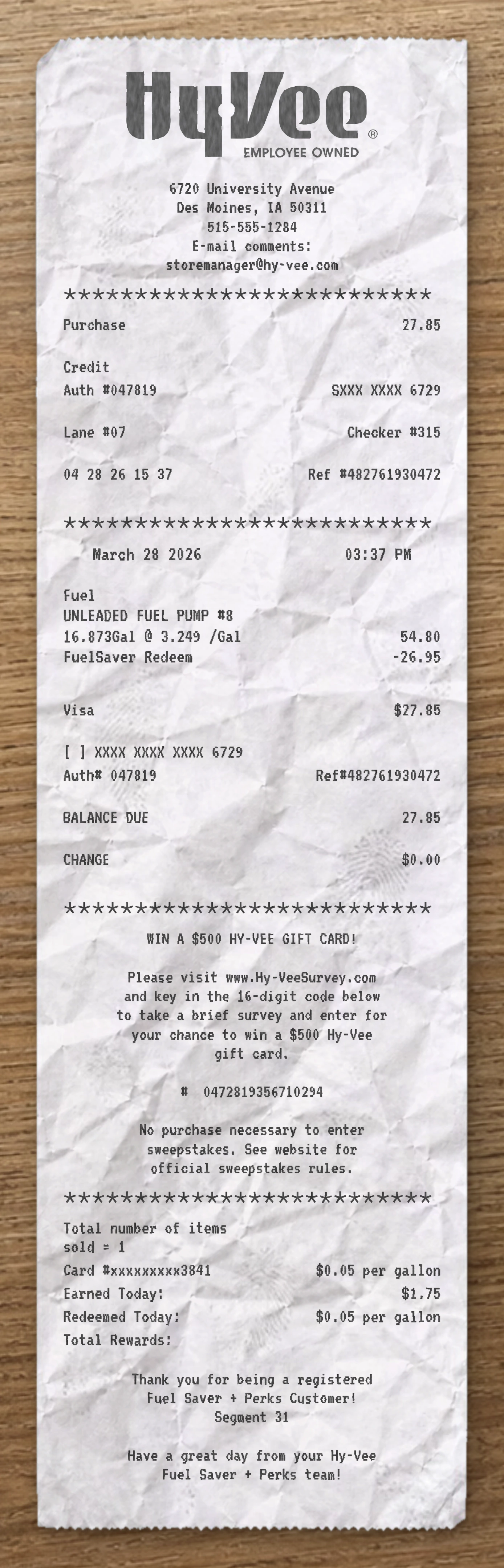 Hy Vee sample receipt preview