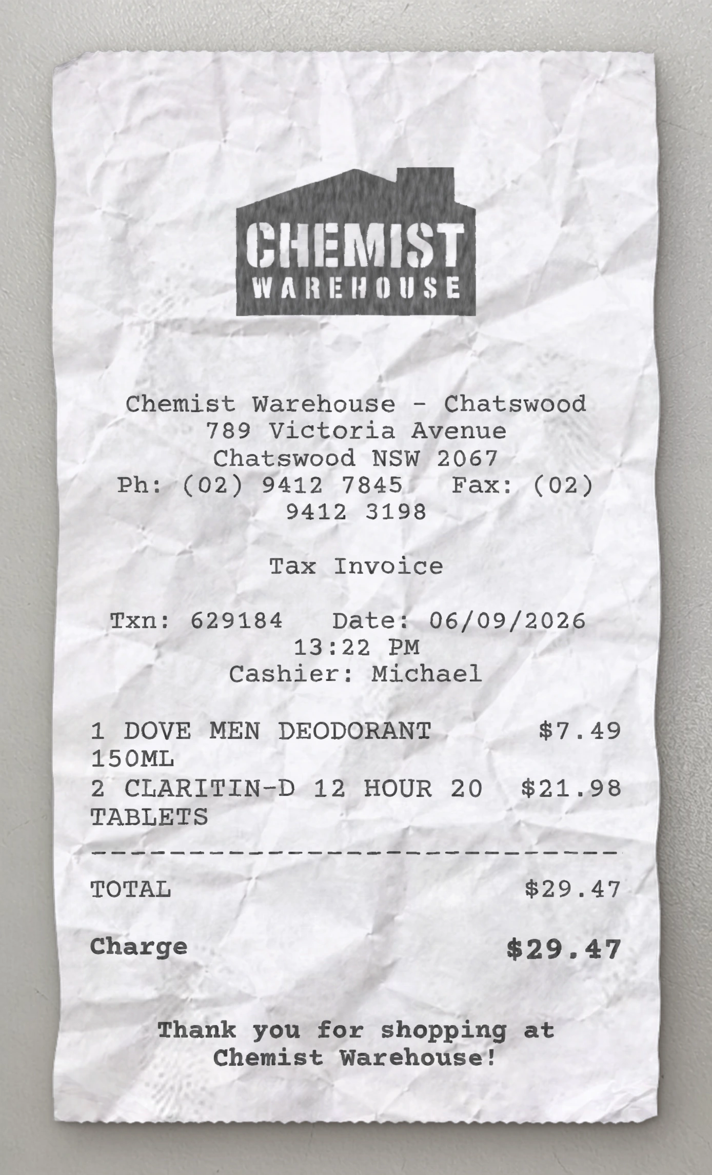 Anteprima dello scontrino Chemist Warehouse