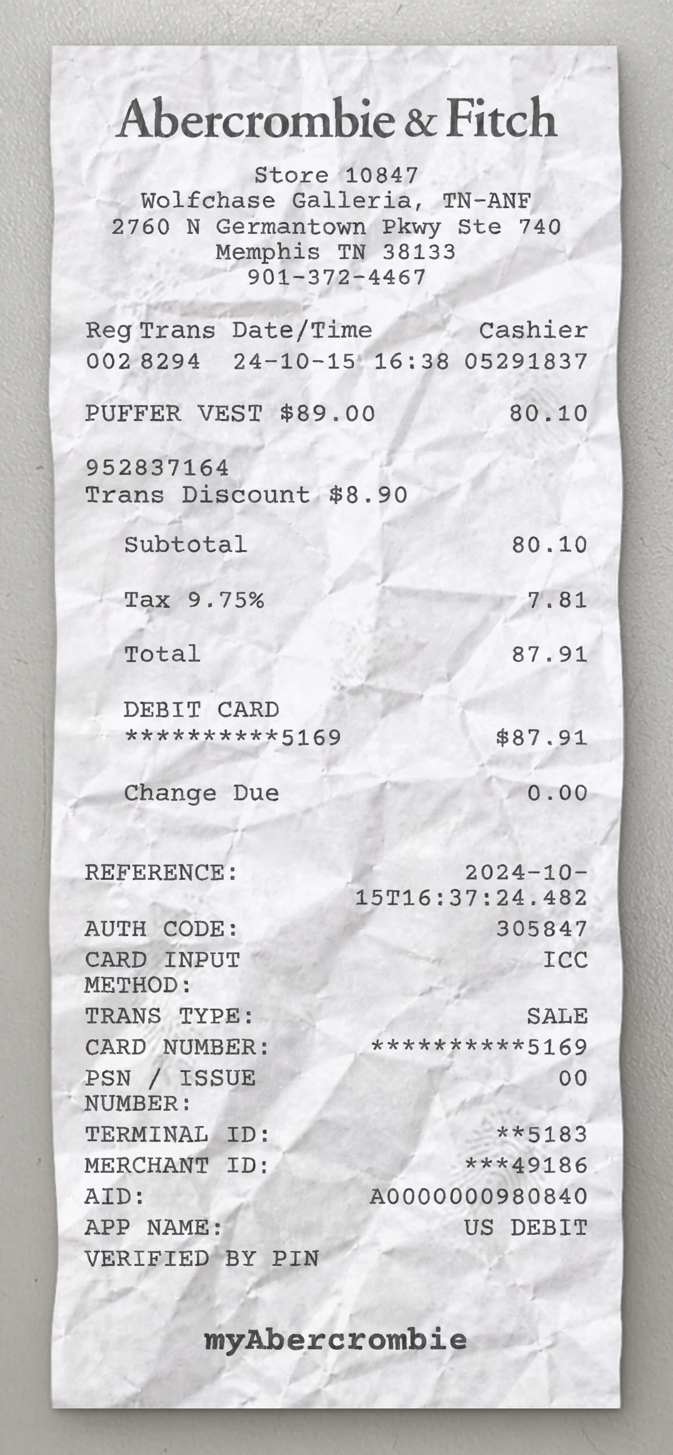 Abercrombie and Fitch sample receipt preview