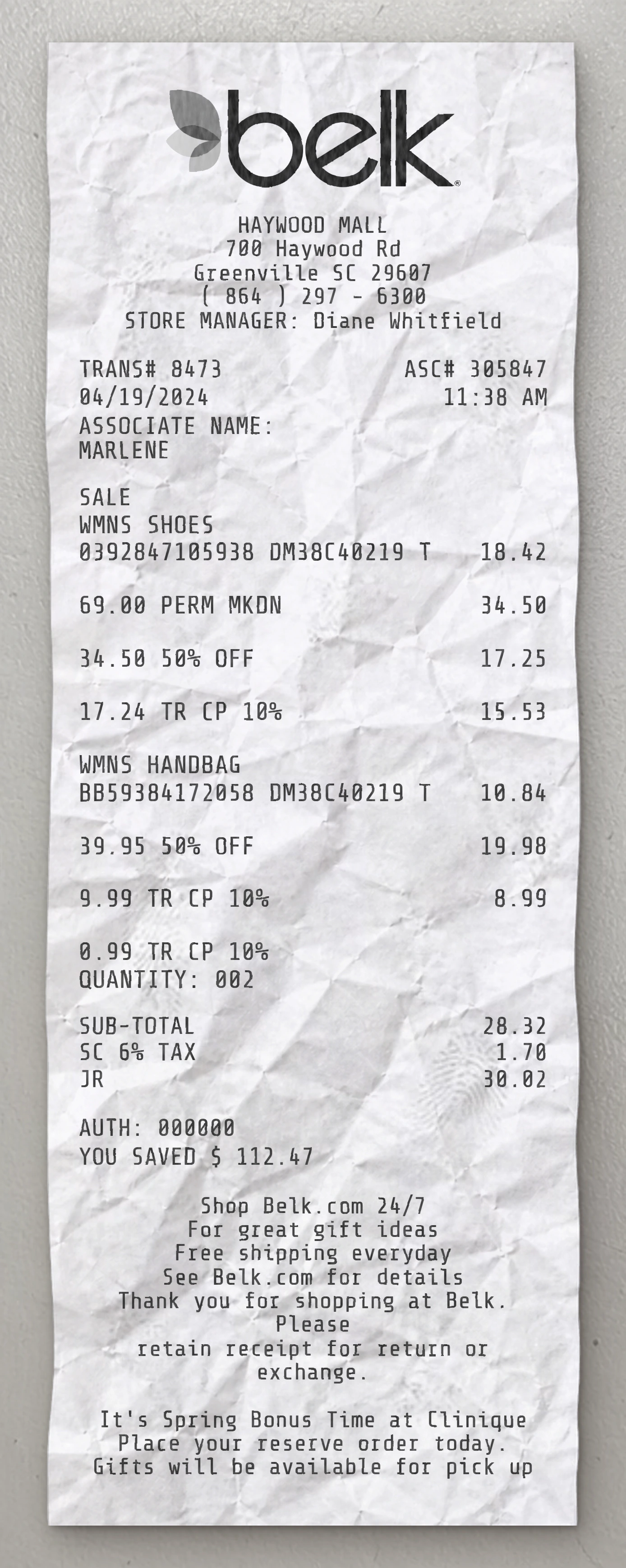 Belk sample receipt preview