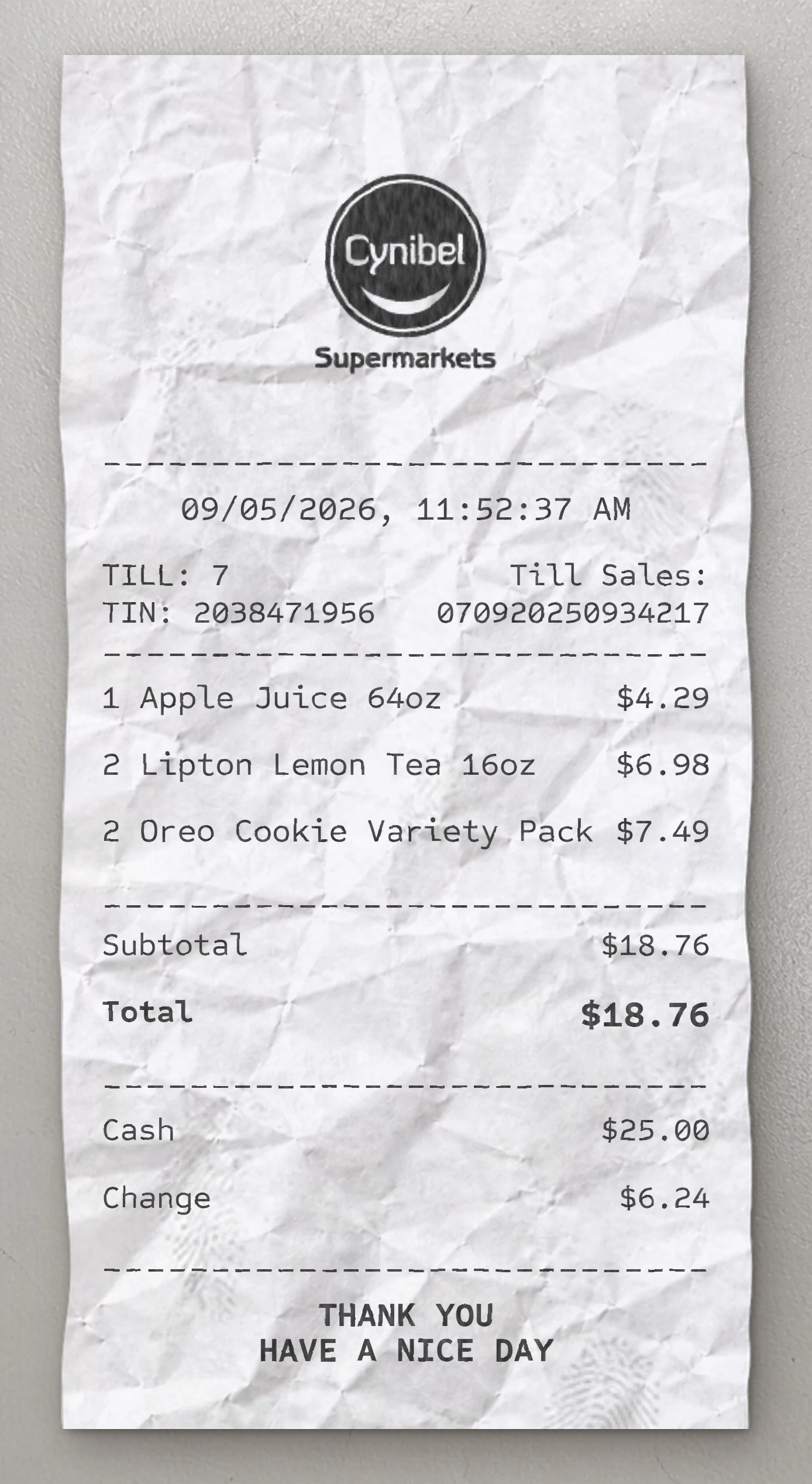 Cynibel Supermarket sample receipt preview
