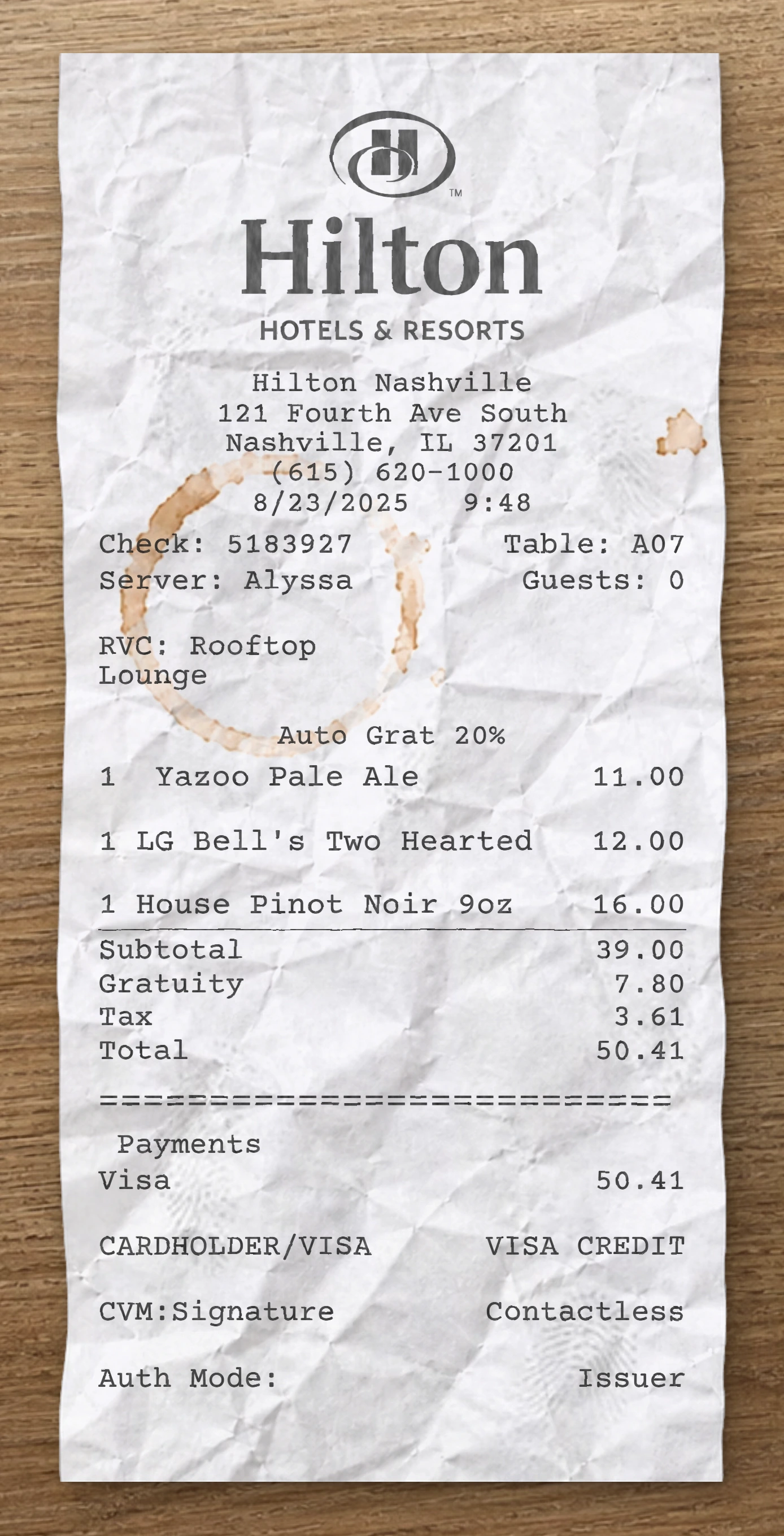 Hilton Hotel sample receipt preview