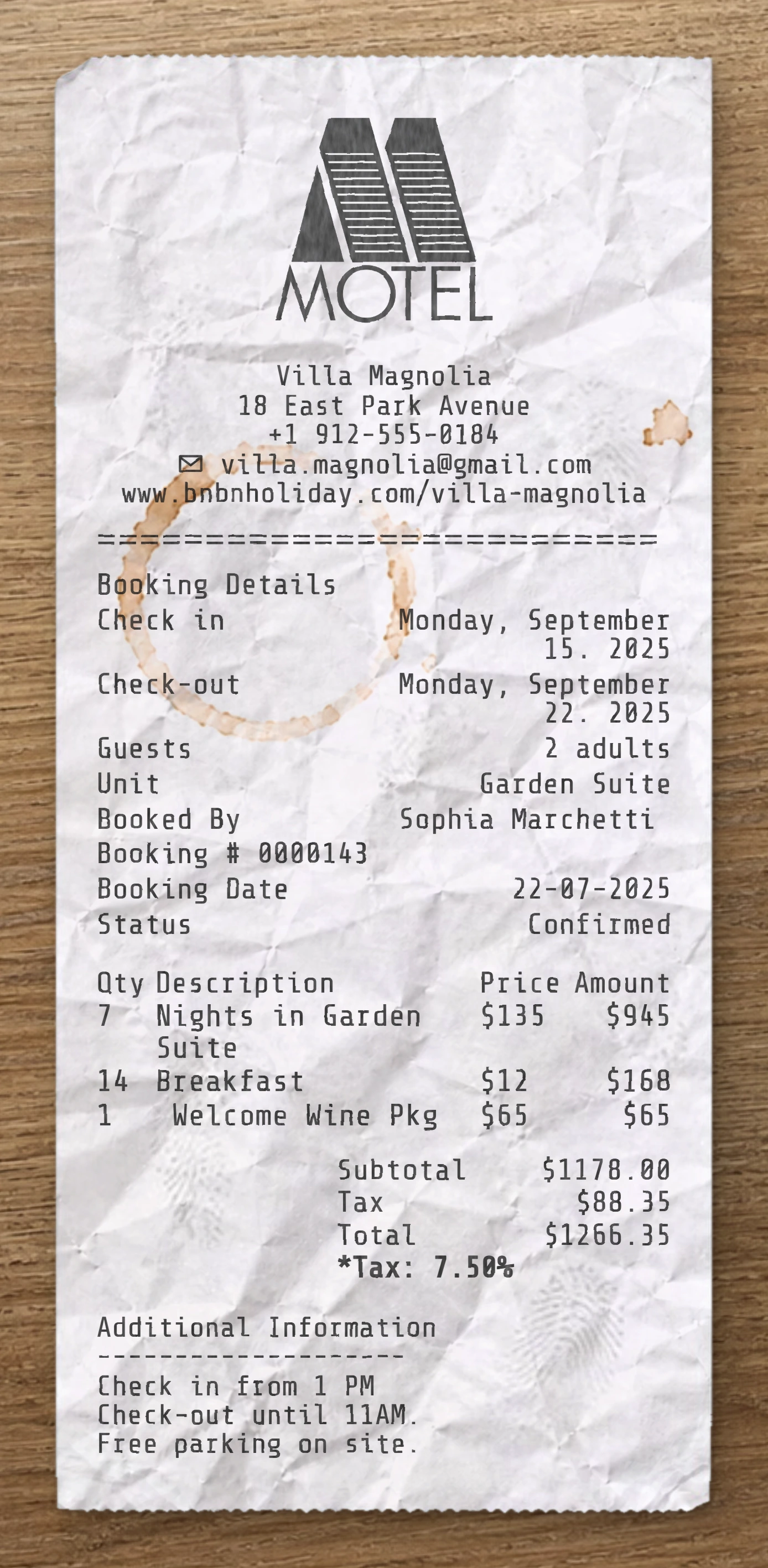 Motel sample receipt preview
