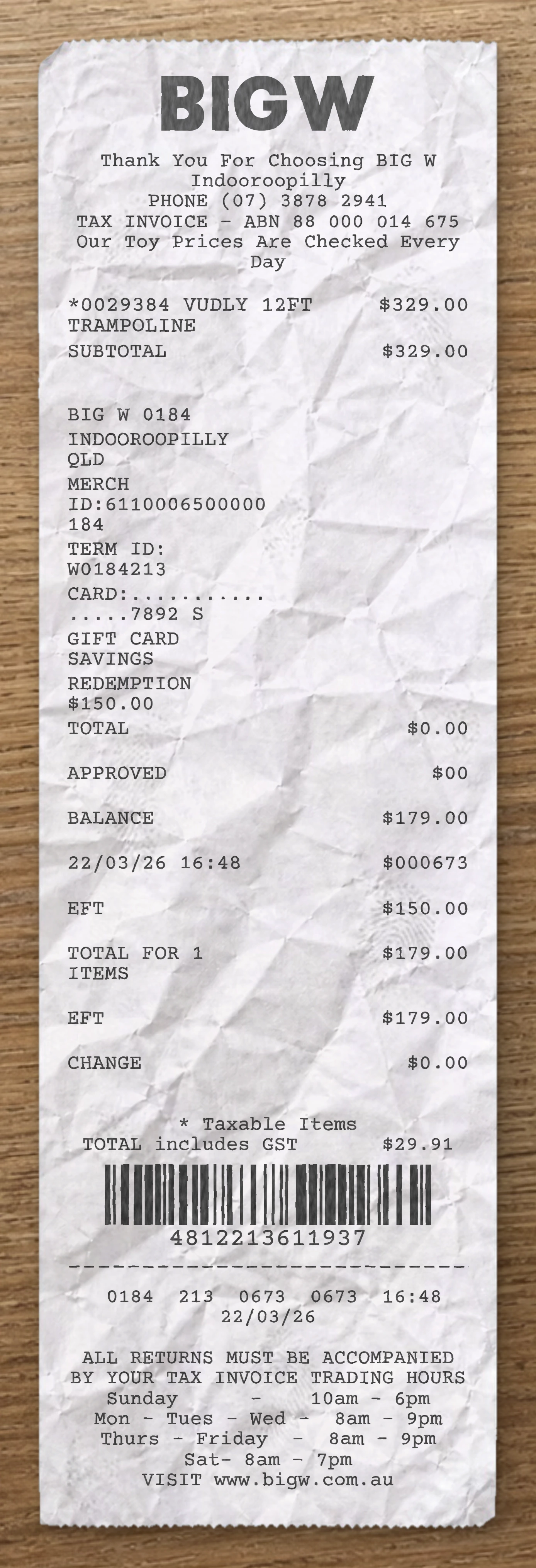 BIG W sample receipt preview
