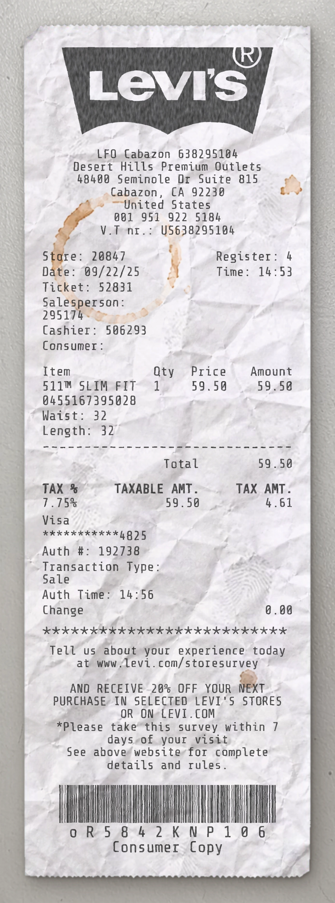 Levi's sample receipt preview