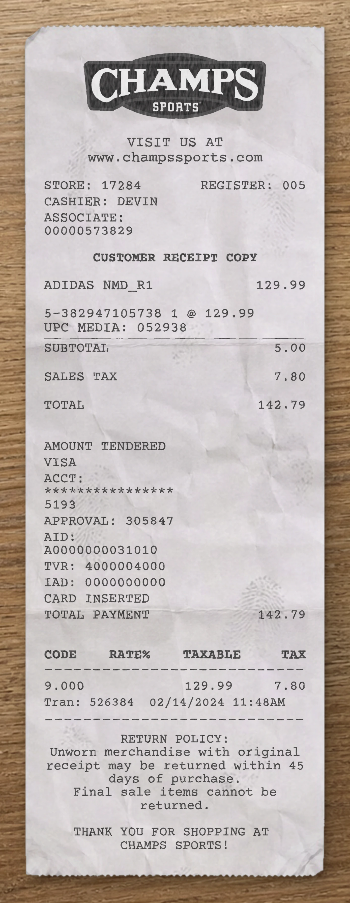 Champs Sports sample receipt preview