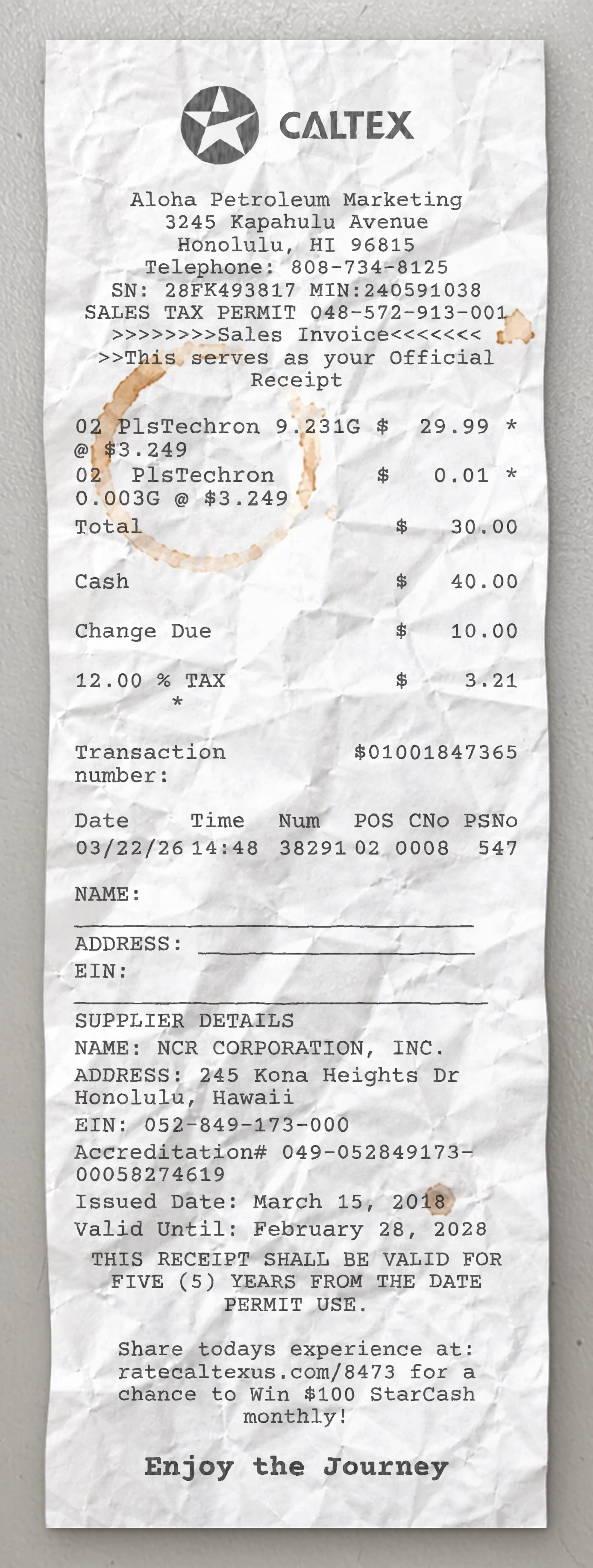 Caltex sample receipt preview