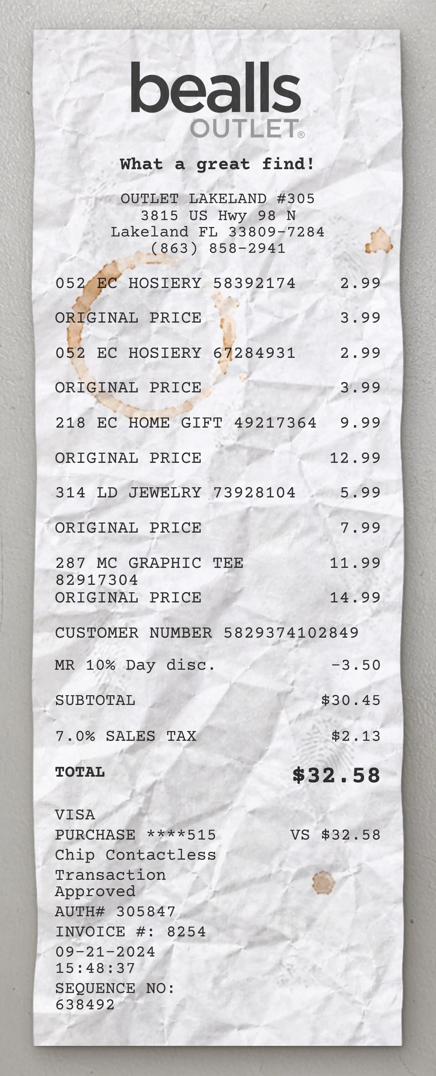 Bealls Outlet sample receipt preview