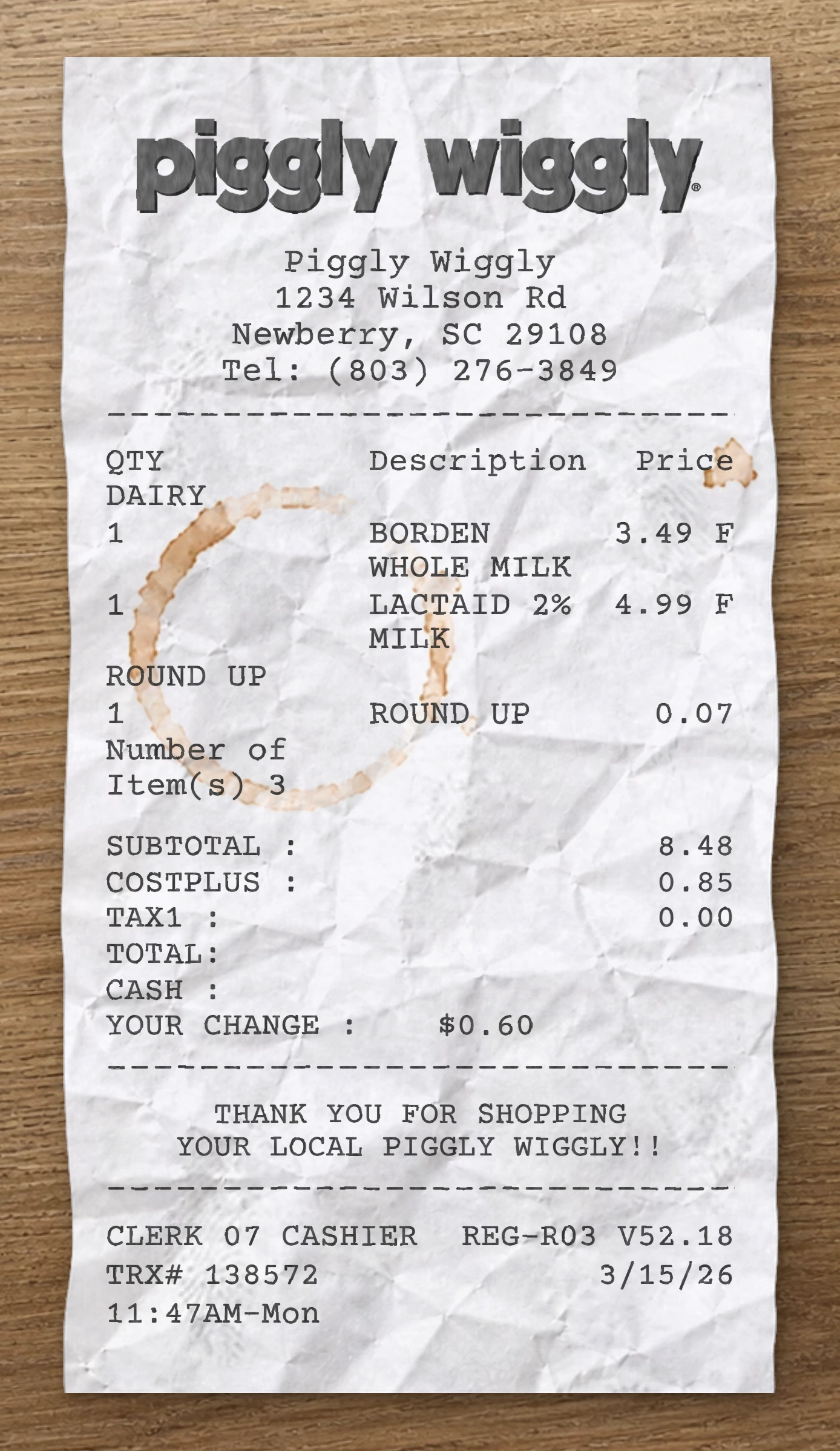 Piggly Wiggly sample receipt preview