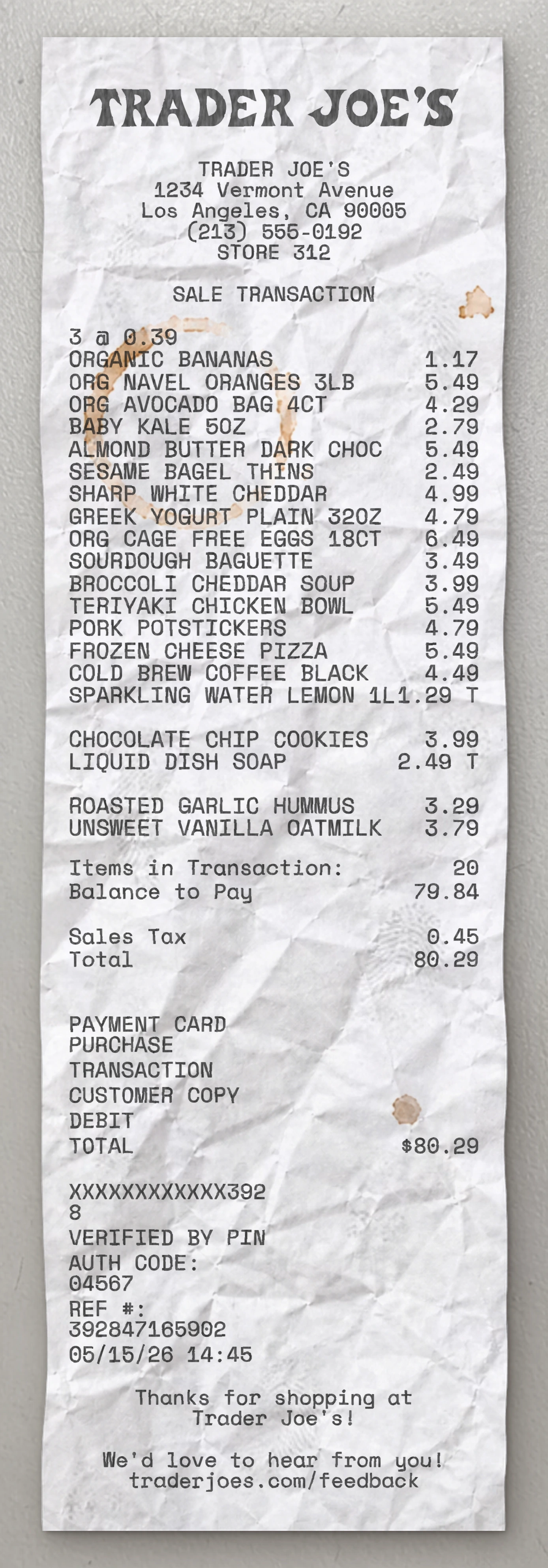 Trader Joe's sample receipt preview