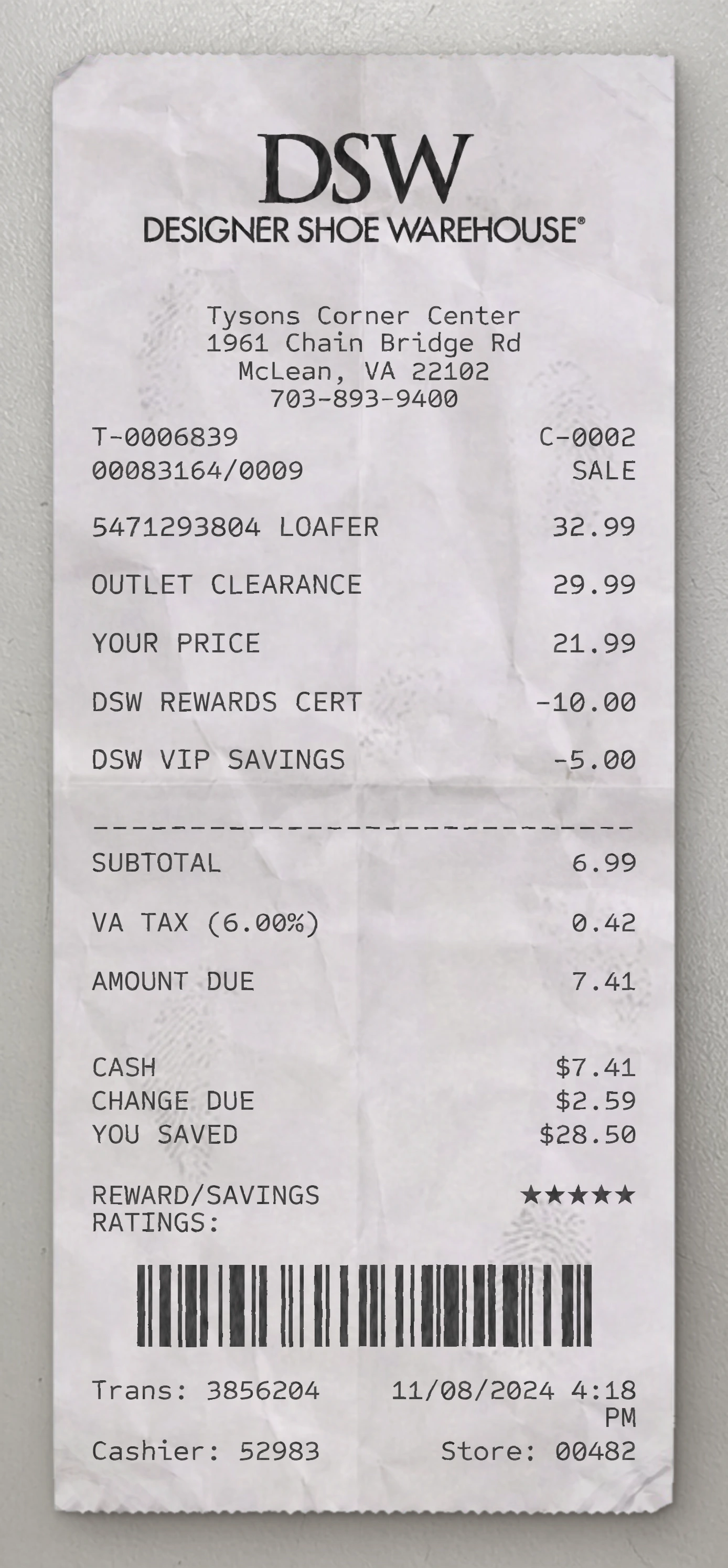 DSW sample receipt preview