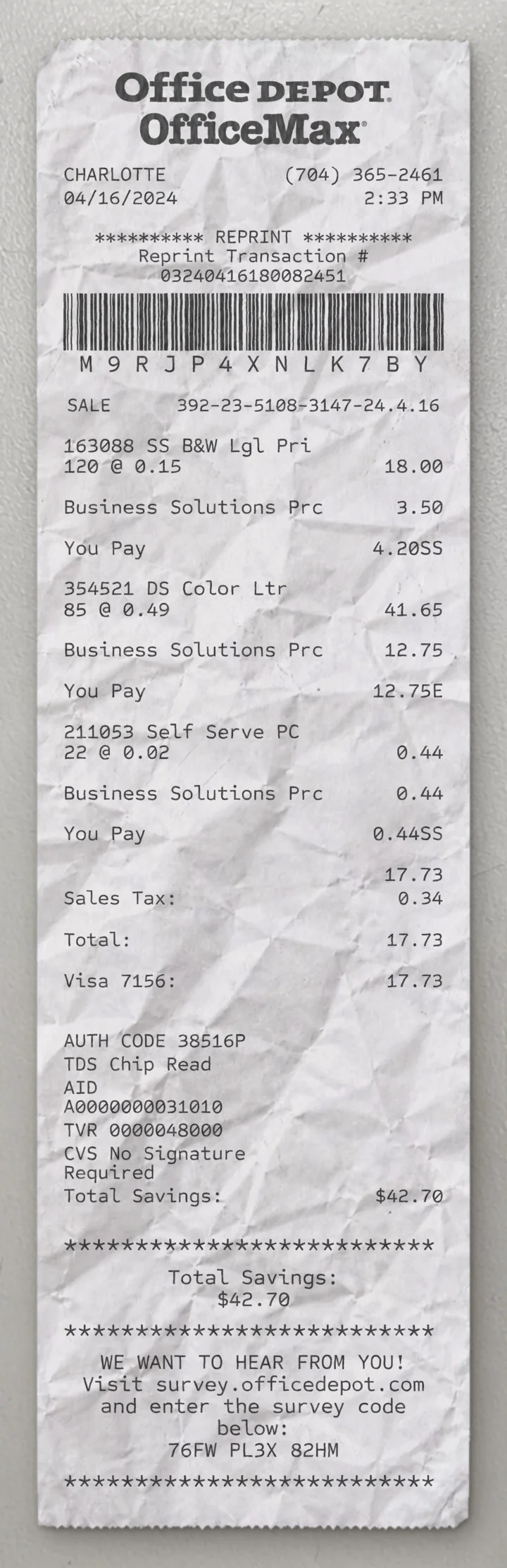 Office Depot OfficeMax sample receipt preview