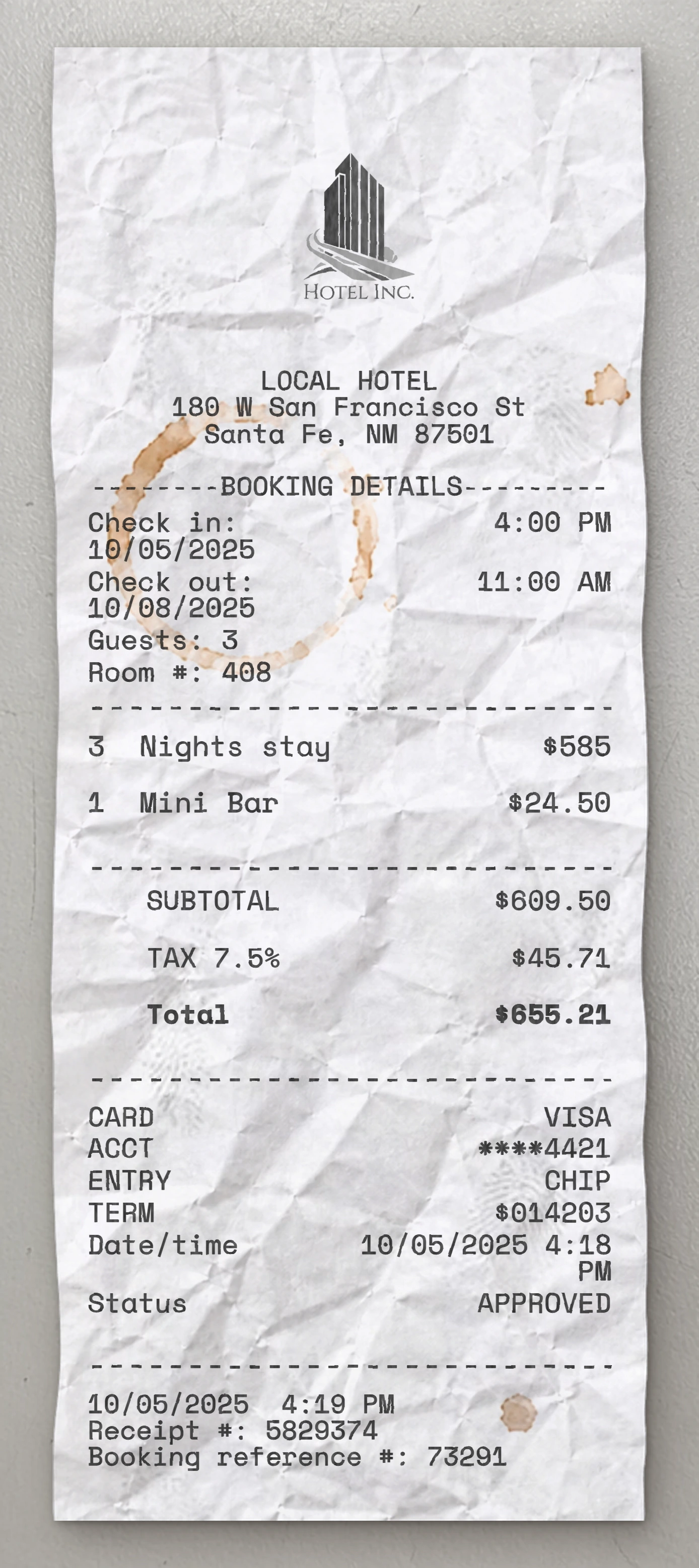 Hotel sample receipt preview